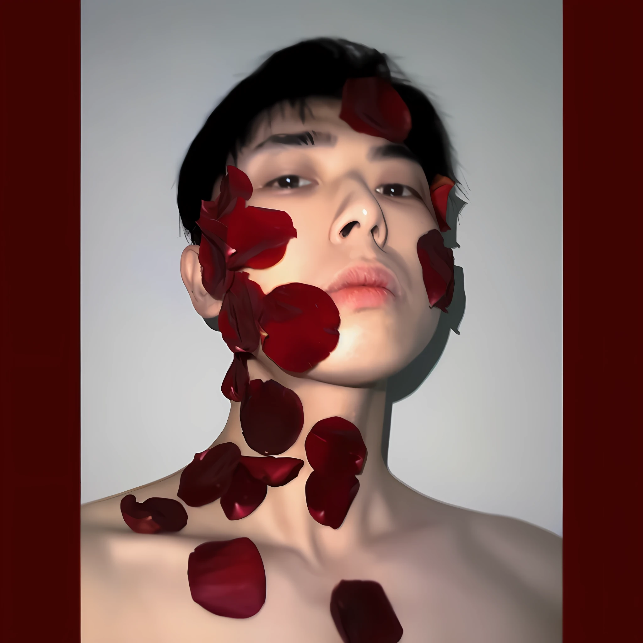 arafed image of a woman with petals on her face, inspired by Yanjun Cheng, arca album cover, falling red petals, inspired by Taro Yamamoto, flowers growing out of his body, aesthetic portrait, inspired by Ren Hang, yanjun chengt, red irises and a slim face, rose petals, taejune kim, petals falling, ruan jian