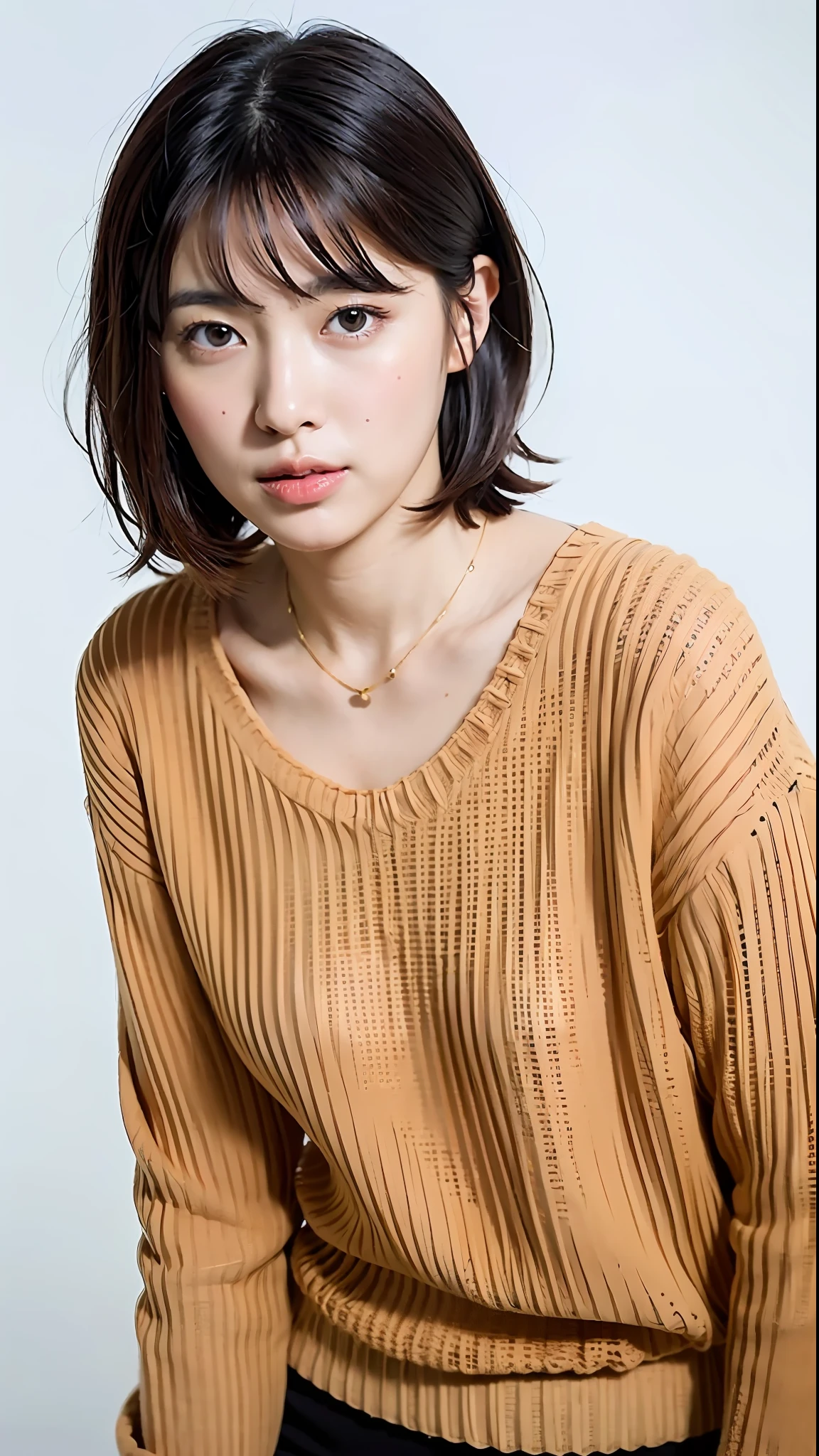 (Best Quality, 8k, 32k, Masterpiece, UHD: 1.2), Cute Japan Woman Pictures, Very Short Bob Hair, Face Focus, (oversized_sweater,:1.1) Necklace, Simple Background, Watch Viewer, Leaning Forward, Upper Body