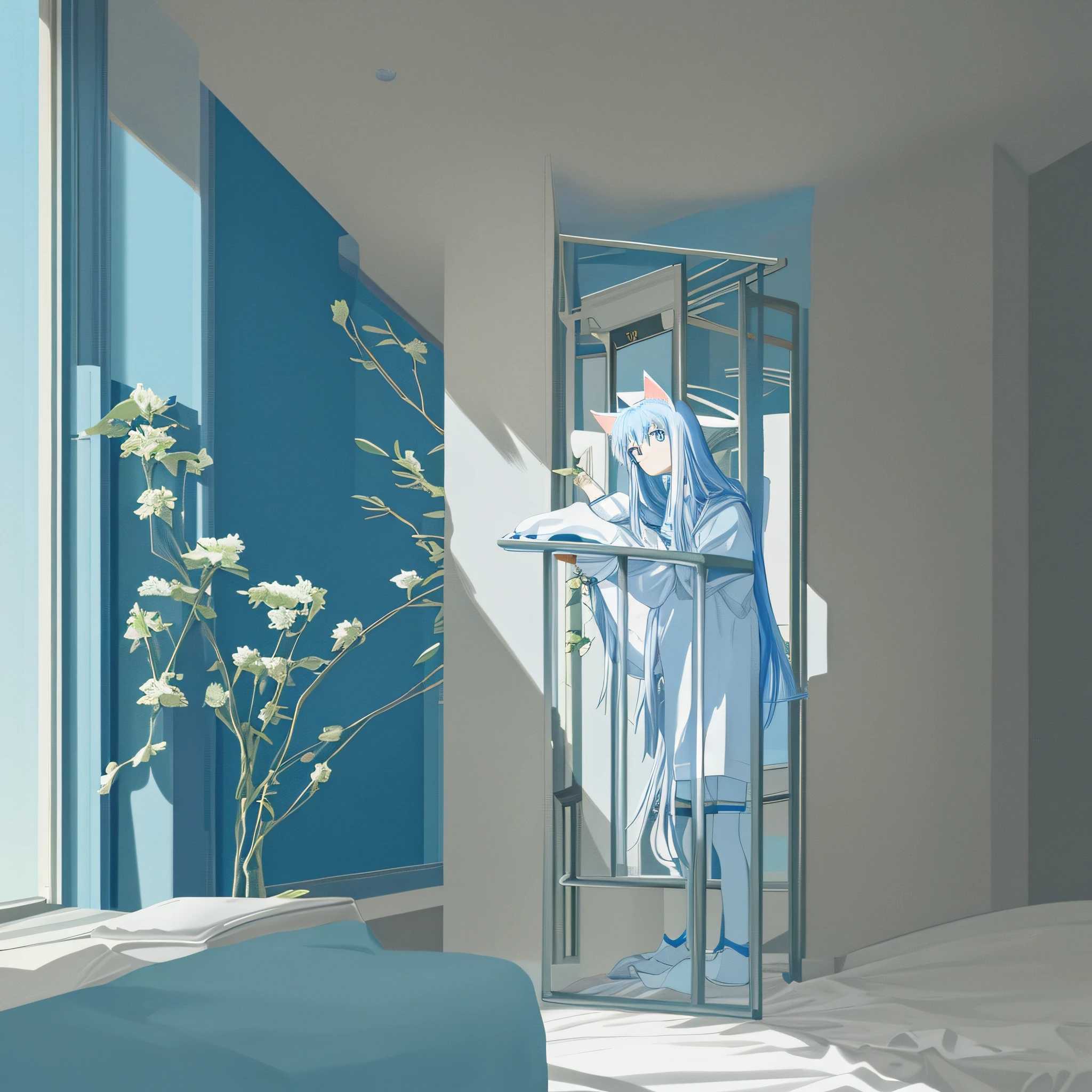 High detail, natural light, light blue background, man standing 3/4, anime style, long blue hair, two cat ears, one cat tail, very cute, cat man in wide white clothes, plush bed, cat stretching pose