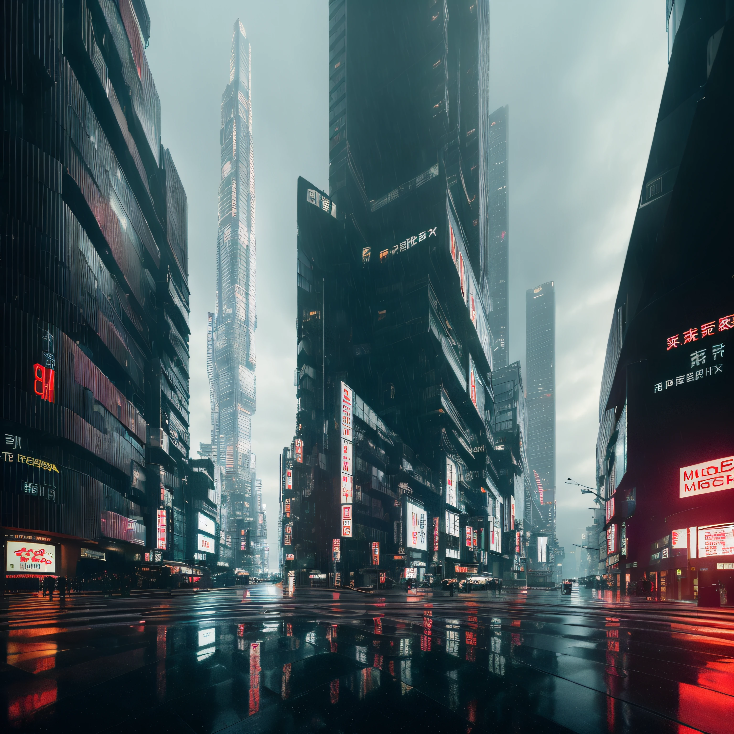 There is a city street with many tall buildings, rainy brutalist city, dystopian digital concept art, city street of brutalist science fiction architecture, hyperrealistic city, dystopian cityscape, city street, urban concept art, streets at night, a brutalist cityscape, dystopian future