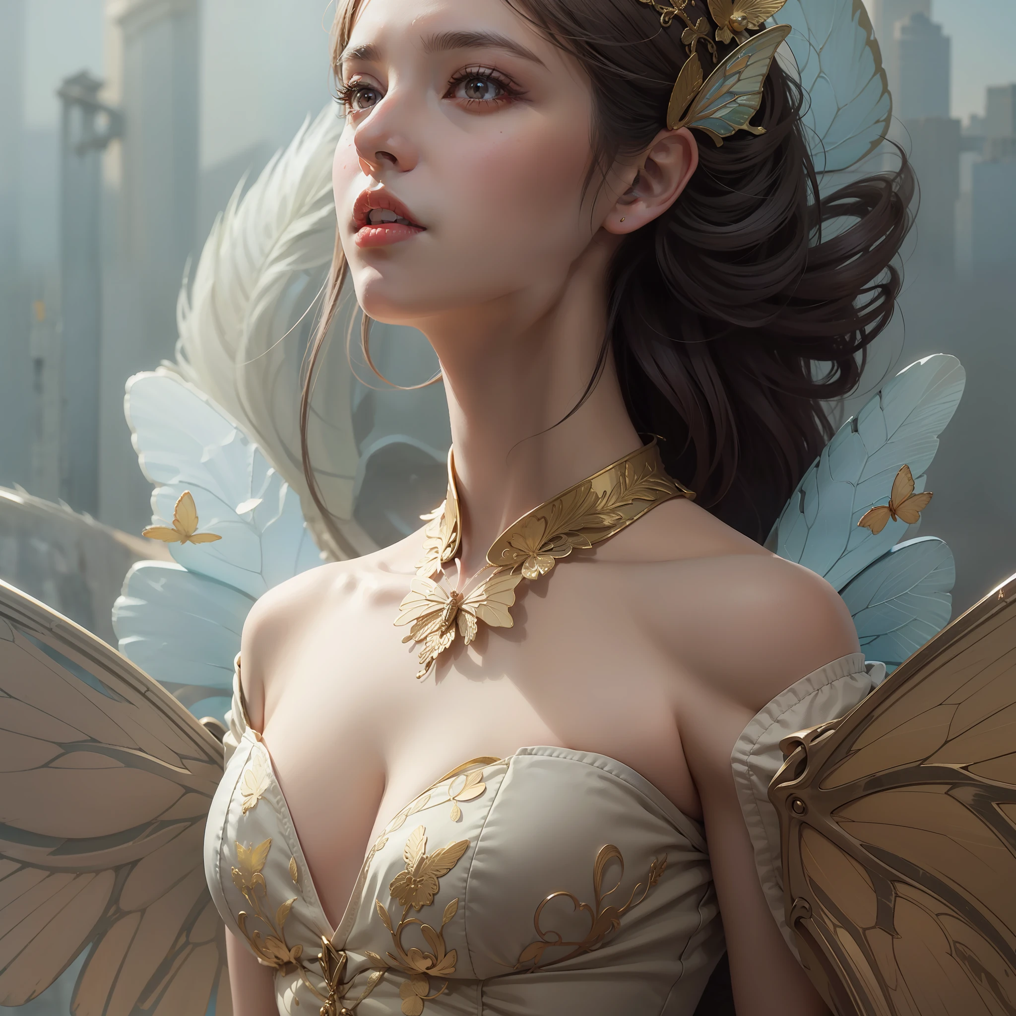 A young girls with big butterfly wings, brown long hairs, digital painting, artstation, sharp focus,