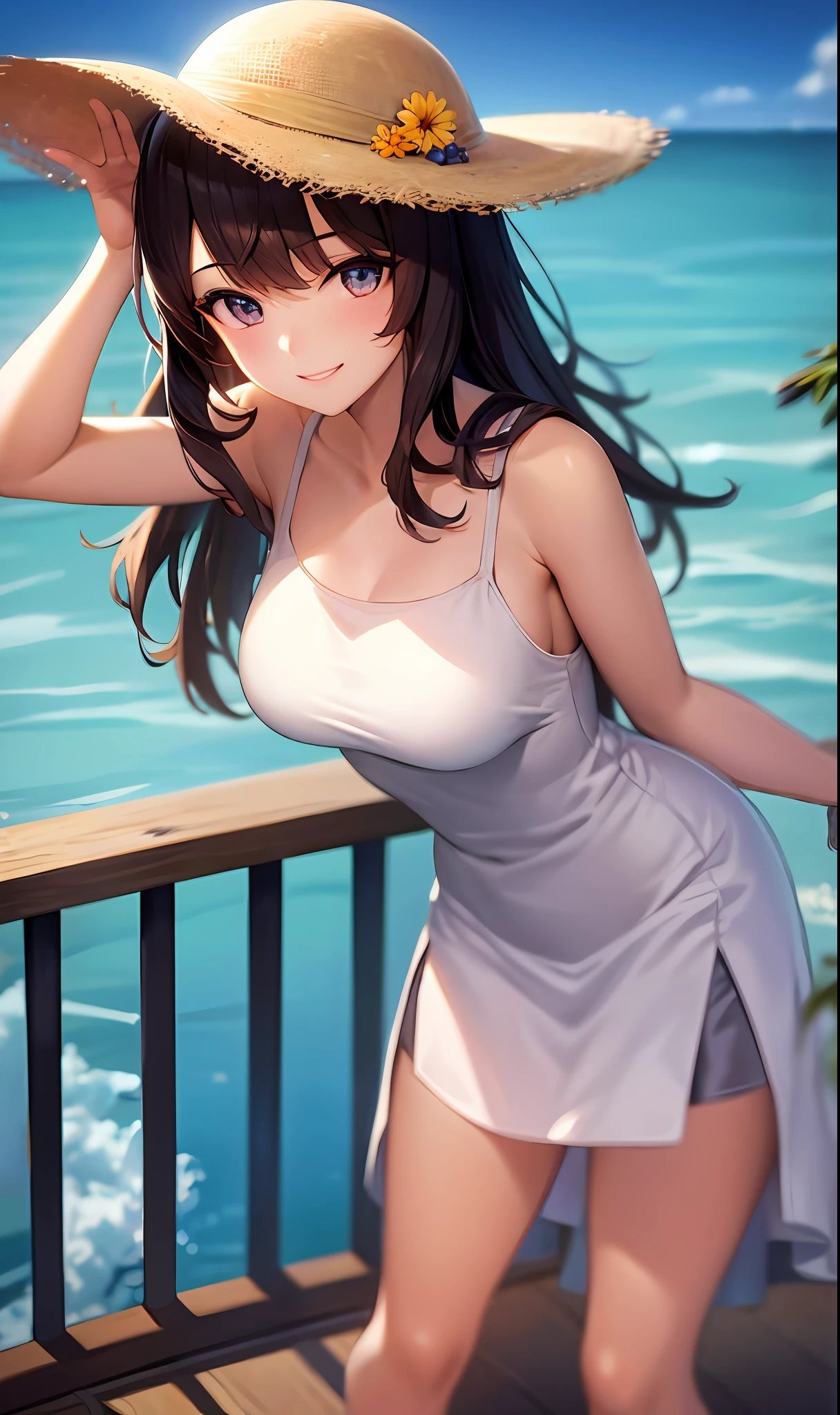 absurdres, 1girl, ocean, railing, white dress, sun hat, smile, (realistic:0.75), (waving:0.9),