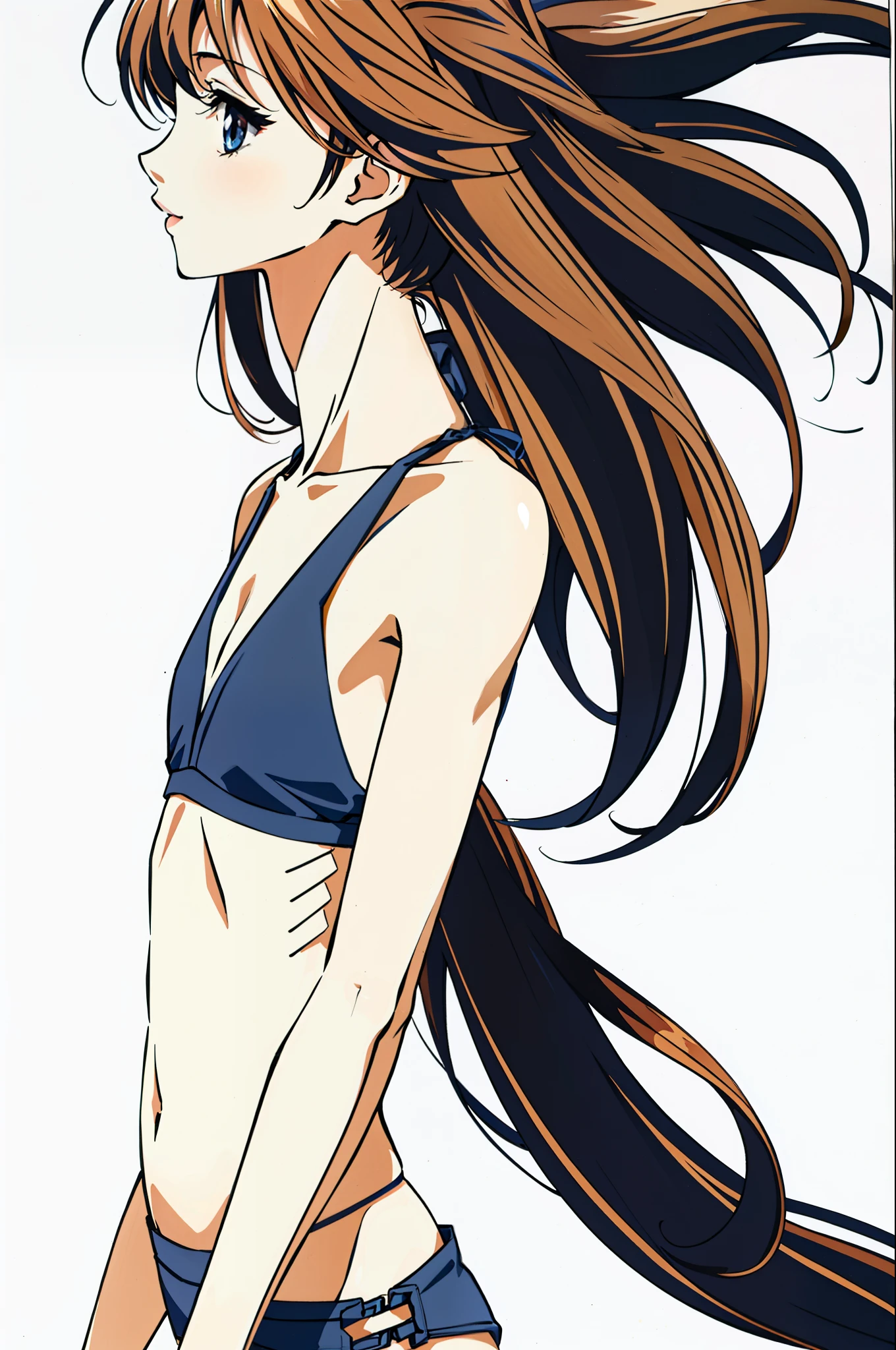 full body portrait photo, beautiful anorexic Asuka Langley, very skinny in bikini, visible bones and ribs, small flat breasts, very small waist, slender legs, beautiful face, very skinny anime girl profile, white background.