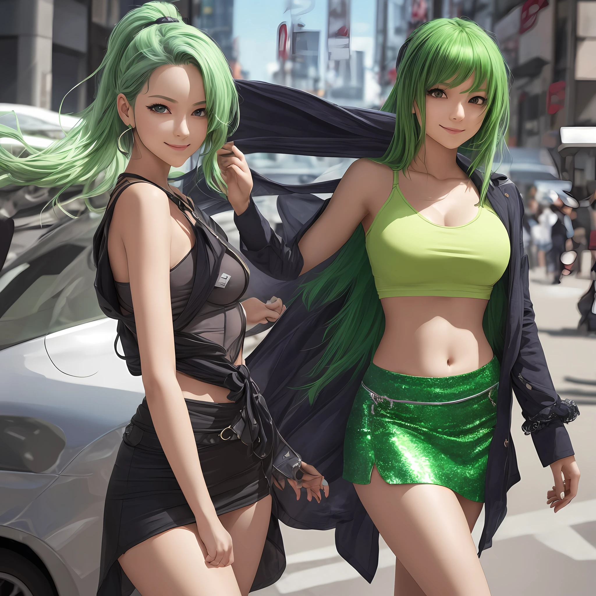 Top quality,masterpiece, photo, very delicate and beautiful, highly detailed CG ,unity,8k wallpaper, amazing, real photo,fine detail, official art,phototic,highly detailed CG Unity 8k wallpaper,absurdity, huge file size, super detailed, high resolution, beautiful detailed girl, highly detailed eyes and face, real live action, mini skirt, beautiful detailed eyes,(( Very shiny separate clothes)),1 girl,1 person,Full body,Full body shot,Watch Viewer,((Light green hair),(Light green hair)), Red eyes,((bliss)), Most detailed background, ((Cosplay)), 19 years old, green, shiny, see-through, (smile), ponytail, belly button out, super mini skirt, legs wide left and right, Japan person, thighs, sleeveless, shoulder straps --auto