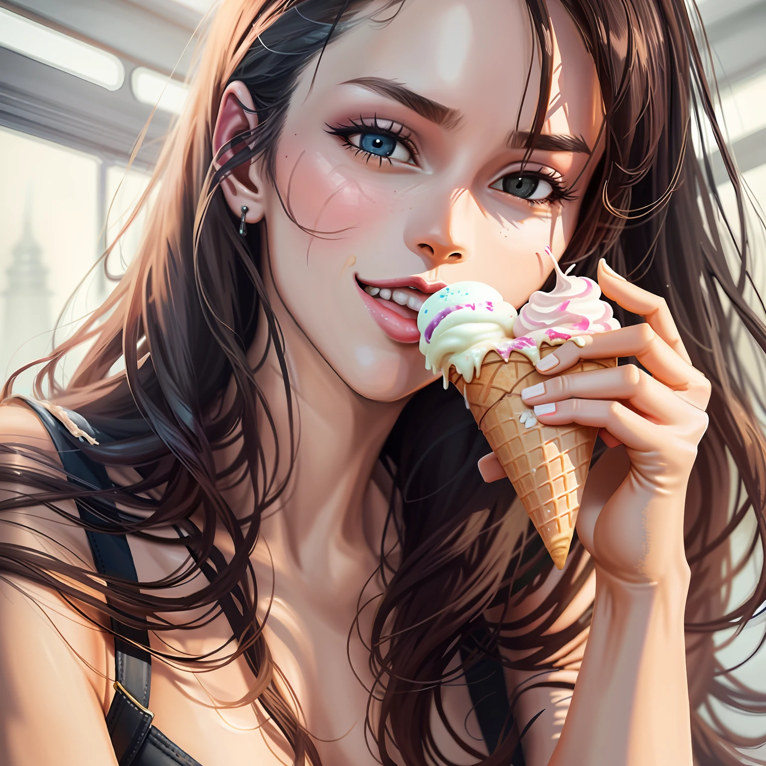 Betty Page woman licks [thick and ice cream cone: soft ice cream] and sticks out her tongue, [Give a: lick ice cream], [Hold in hand, hold ice cream cone: hold soft ice cream in hand], [Ice cream: soft ice cream], (oblique view, side view, side view: 1), (Waiting tongue: 0.4), (ALATSuckFace:0.3), [and Soft Ice Cream Licking: Licking Soft Ice Cream], Realistic Tongue, Triple Scoop Soft Serve Ice Cream, Tall Ice Cream, Close Up, POV, Messy Ice Cream, Multiple Scoops of Ice Cream, (LOP:0.5), (Waffle Cone:1.0), Collar, Sexy Tongue, 1 Girl, (Koh_ SashaGrey:0.7)