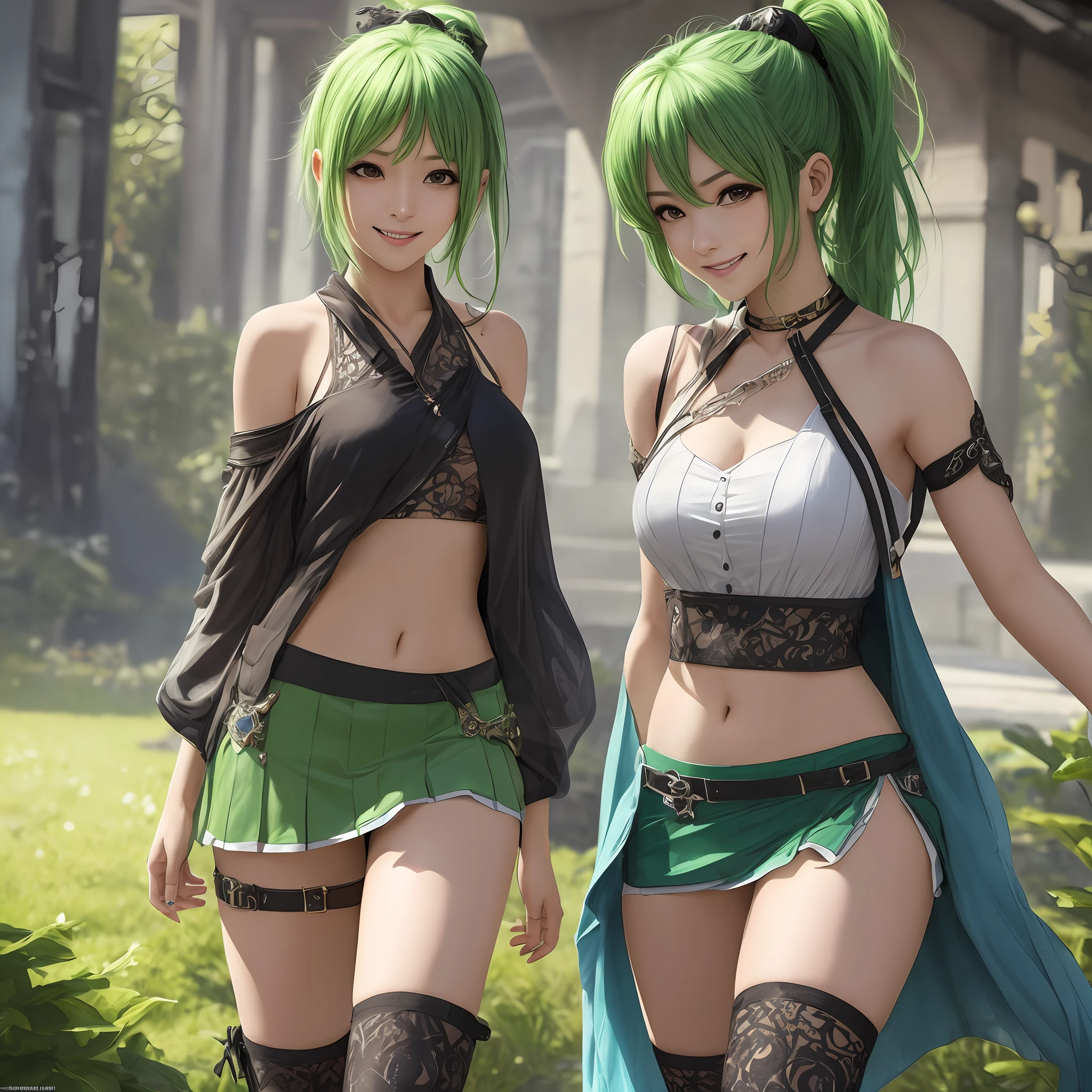 Top quality,masterpiece, photo, very delicate and beautiful, highly detailed CG ,unity,8k wallpaper, amazing, real photo,fine detail, official art,phototic,highly detailed CG Unity 8k wallpaper,absurdity, huge file size, super detailed, high resolution, beautiful detailed girl, highly detailed eyes and face, real live action, mini skirt, beautiful detailed eyes,(( Very shiny separate clothes)),1 girl,1 person,Full body,Full body shot,Watch Viewer,((Light green hair),(Light green hair)), Red eyes,((bliss)), Most detailed background, ((Cosplay)), 19 years old, green, shiny, see-through, (smile), ponytail, belly button out, super mini skirt, legs wide left and right, Japan person, thighs, sleeveless, shoulder straps --auto