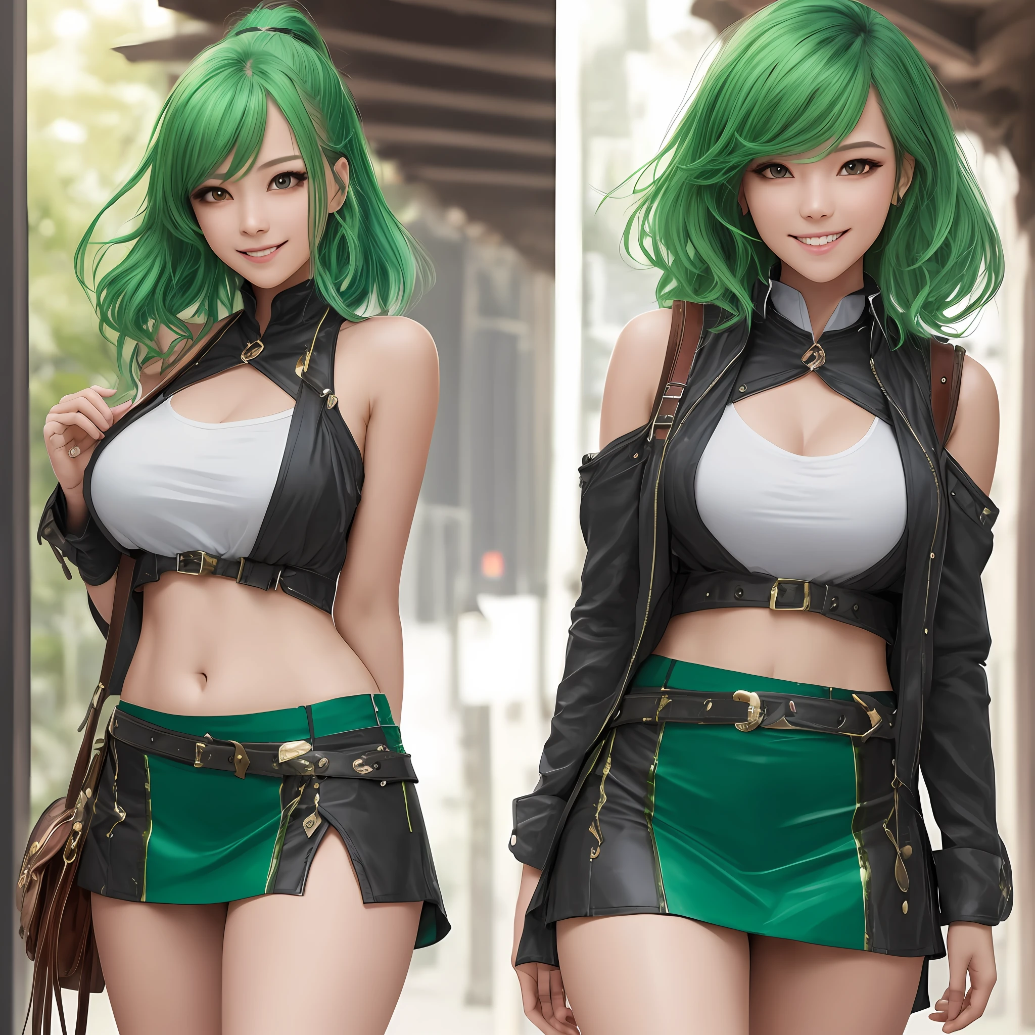 Top quality,masterpiece, photo, very delicate and beautiful, highly detailed CG ,unity,8k wallpaper, amazing, real photo,fine detail, official art,phototic,highly detailed CG Unity 8k wallpaper,absurdity, huge file size, super detailed, high resolution, beautiful detailed girl, highly detailed eyes and face, real live action, mini skirt, beautiful detailed eyes,(( Very shiny separate clothes)),1 girl,1 person,Full body,Full body shot,Watch Viewer,((Light green hair),(Light green hair)), Red eyes,((bliss)), Most detailed background, ((Cosplay)), 19 years old, green, shiny, see-through, (smile), ponytail, belly button out, super mini skirt, legs wide left and right, Japan person, thighs, sleeveless, shoulder straps --auto