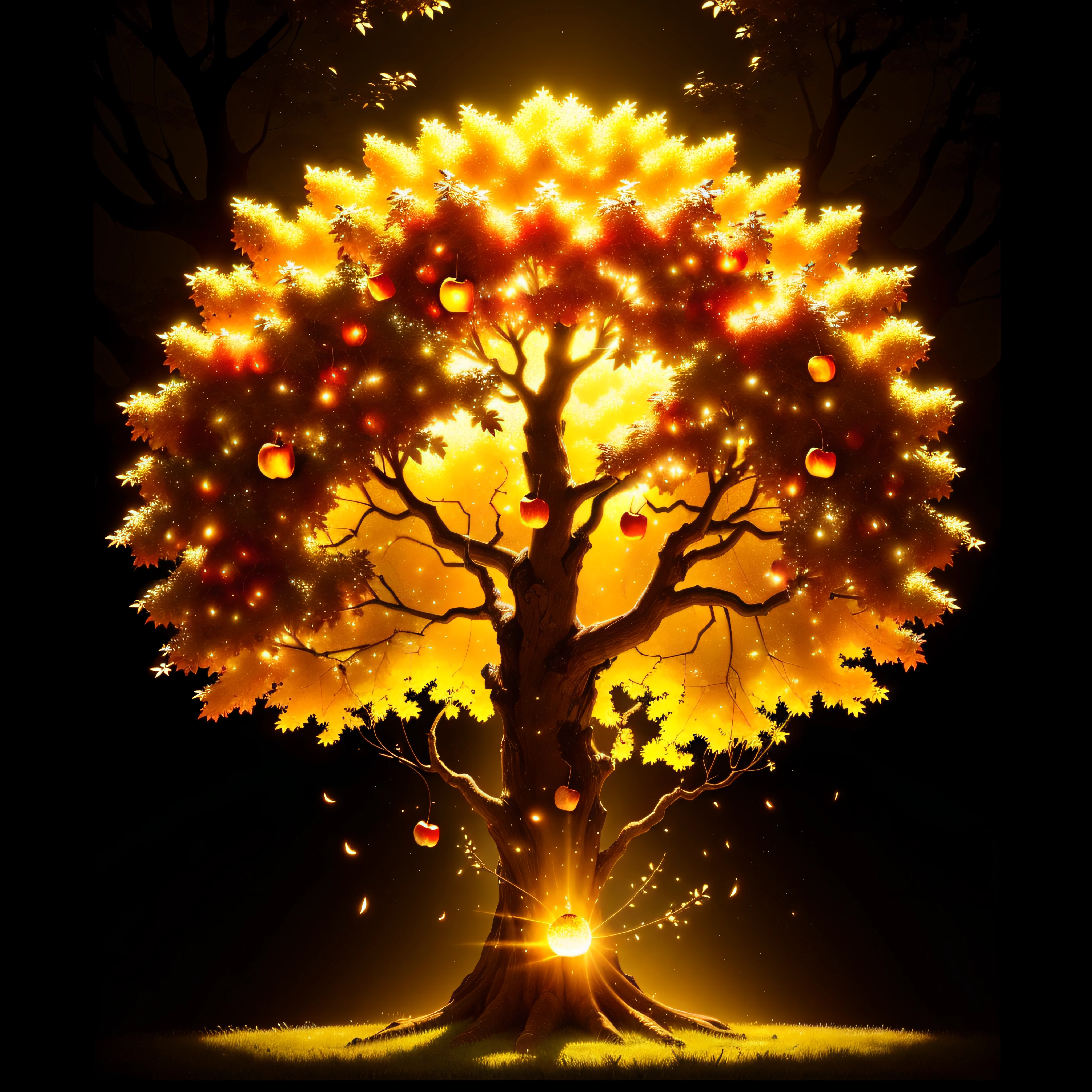 Magical wonder tree that glows in a golden shine. Afternoon. Golden apples are between the leafs. Golden particle in the air. 16k. High resolution