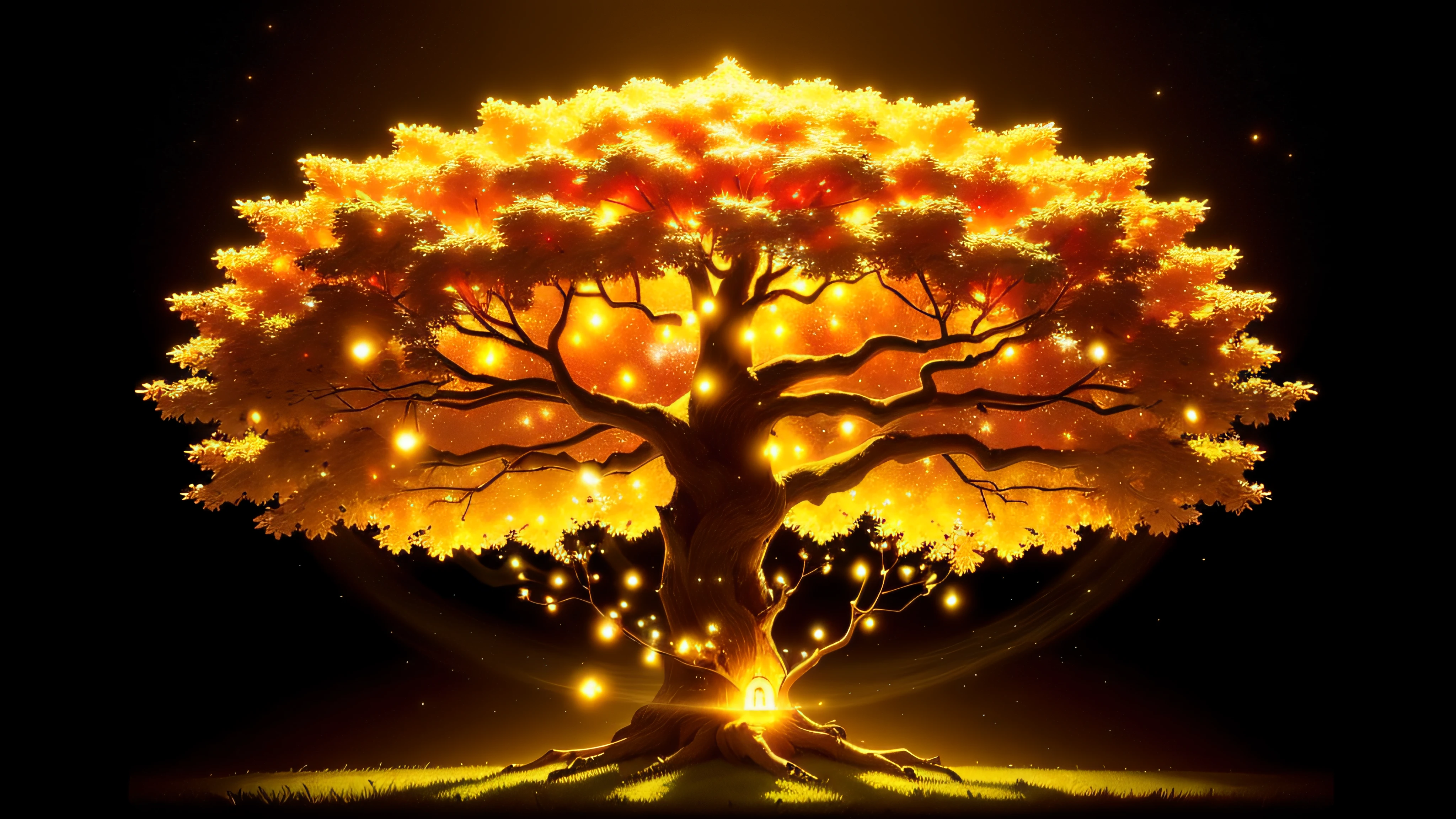 Magical wonder tree that glows in a golden shine. Afternoon. Golden apples are between the leafs. Golden particle in the air. 16k. High resolution