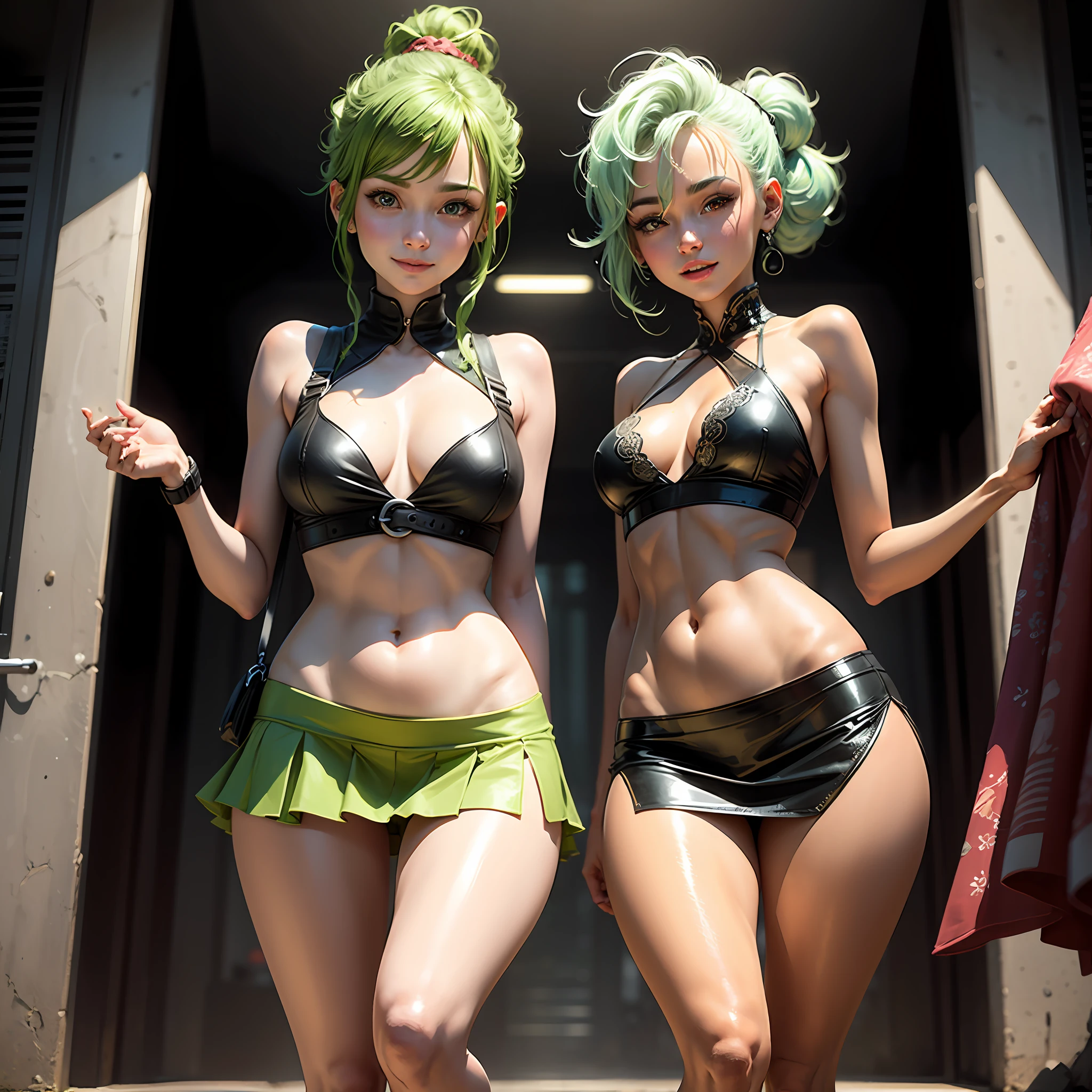 Top quality,masterpiece, photo, very delicate and beautiful, highly detailed CG ,unity,8k wallpaper, amazing, real photo,fine detail, official art,highly detailed CG Unity 8k wallpaper,absurdity, huge file size, super detailed, high resolution, beautiful detailed girl, highly detailed eyes and face, real live action, leather, slit, mini skirt, beautiful detailed eyes,(( Very shiny separate clothes)),1 girl,Full body,Full body shot,Watch Viewer,((Light green hair)),Red eyes,((blissful)), Most detailed background, ((Cosplay)), 19 years old, green, shiny, see-through, (smile), ponytail, belly button out, super mini skirt, legs wide left and right, Japan person, thighs, sleeveless, shoulder straps --auto