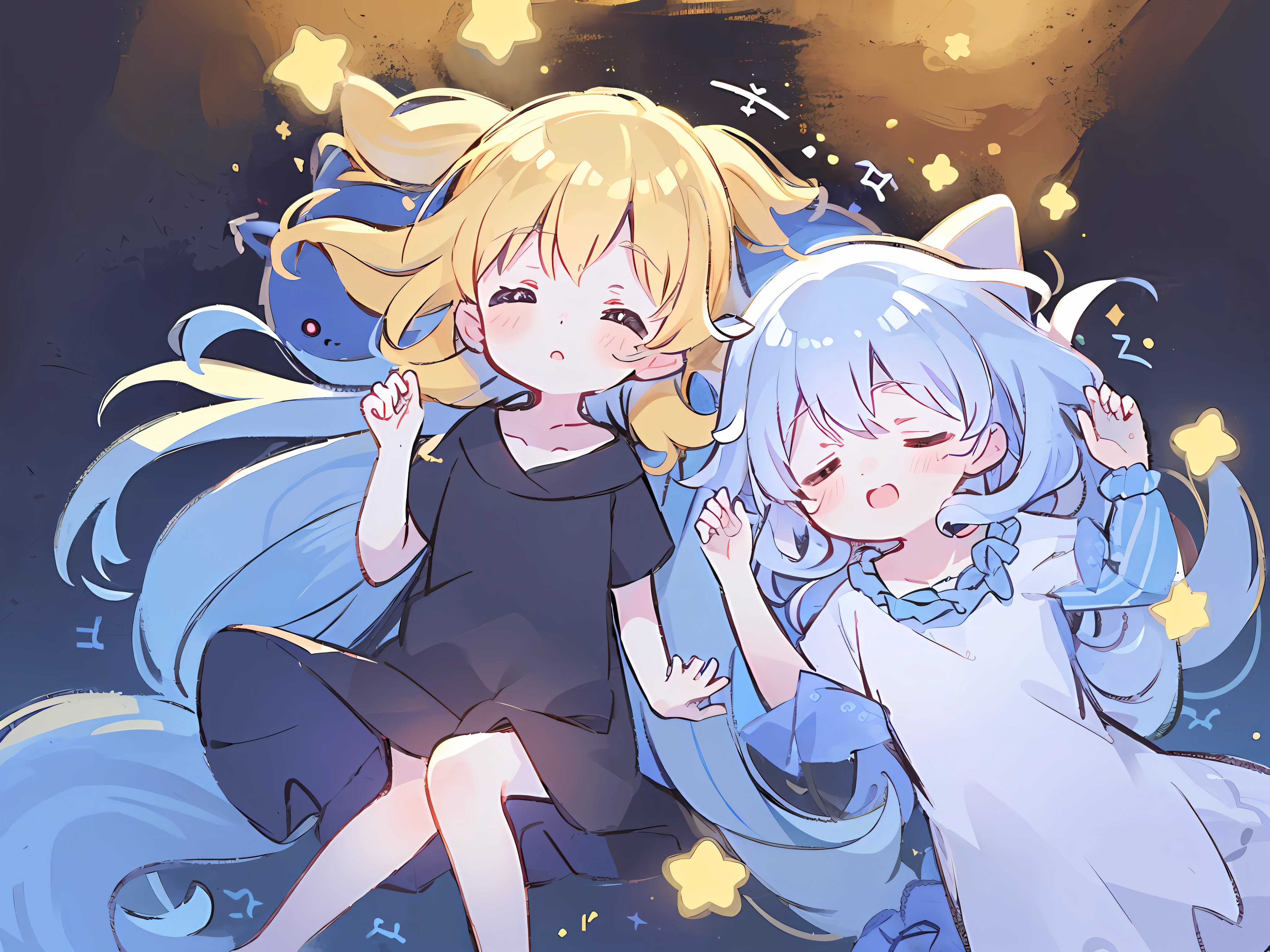 Top Quality, Masterpiece, Ultra High Resolution, Pretty Facial Features, Flat Design, Yellow Themes, Shoshi no Ko, Hoshino Ai, (Sleepy Eyes: 1.1), (Cute Yellow Night Dress), Cute, One Hand on Face, Bedtime, Disheveled Long Hair,
(simple dark background), giant stars shining in the dark, cure, ziyu,