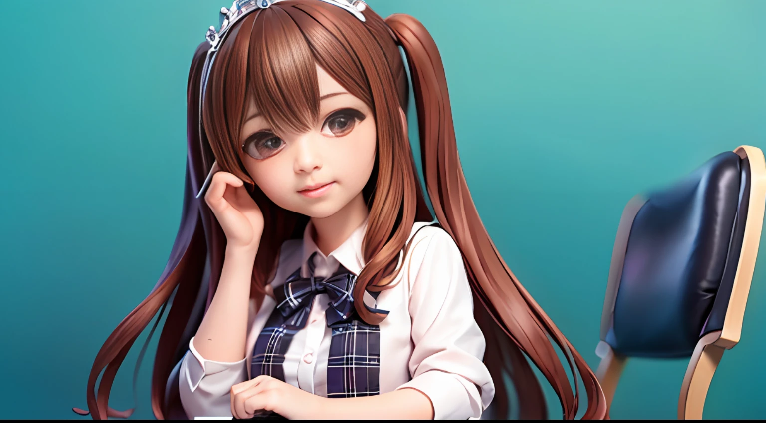 1girl, (masterpiece:1.1), (best quality:1.1), (white blouse:1.1), (plaid skirt:1.1), school uniform, high waisted skirt, break [blue:pink:0.5] theme, (gradient background:1.1), cowboy shot, break brunette hair, long hair, black eyes, delicate tiara, front, In the classroom, sitting at the desk, the book is on the desk, reading