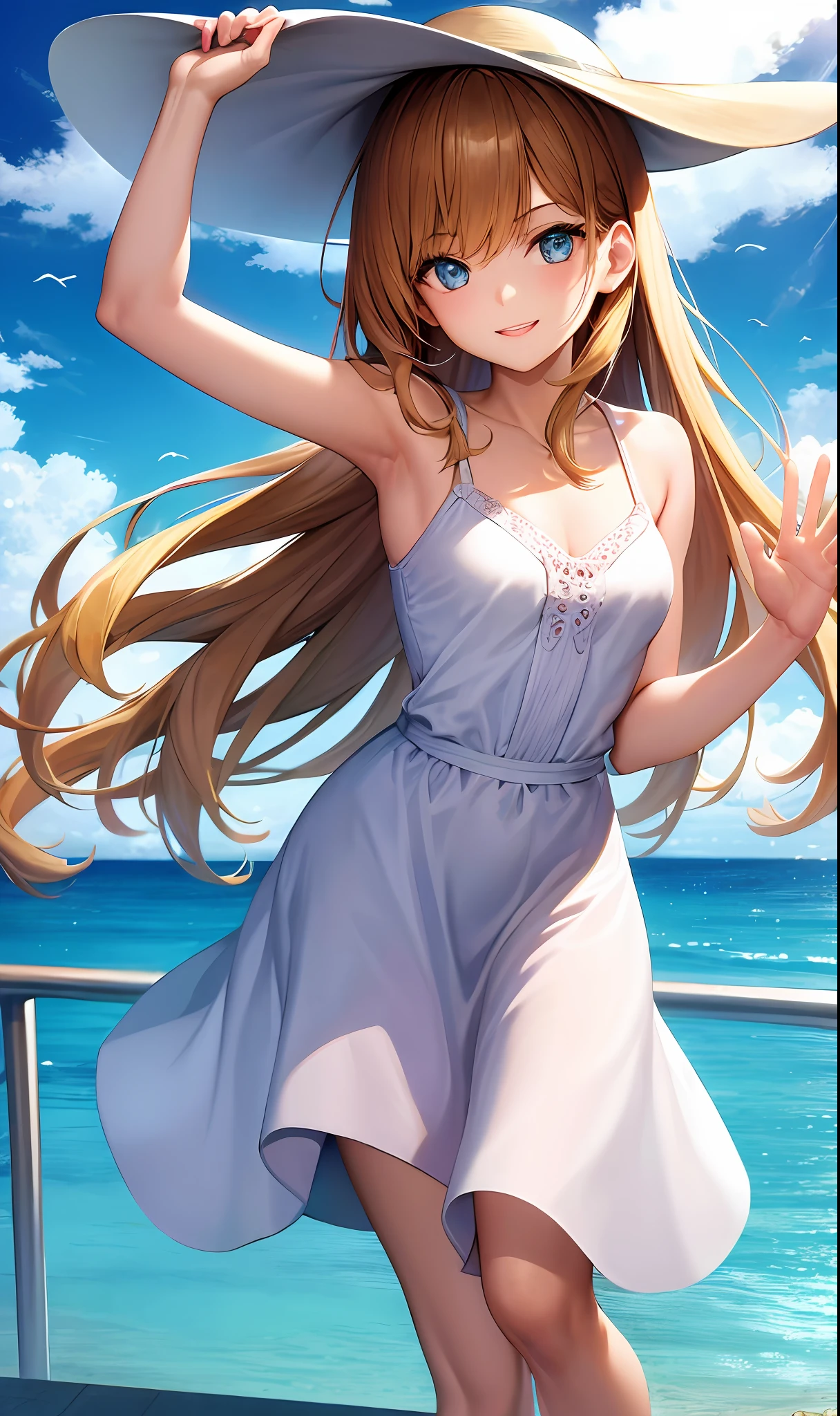 absurdres, 1girl, ocean, railing, white dress, sun hat, smile, (realistic:0.75), (waving:0.9),