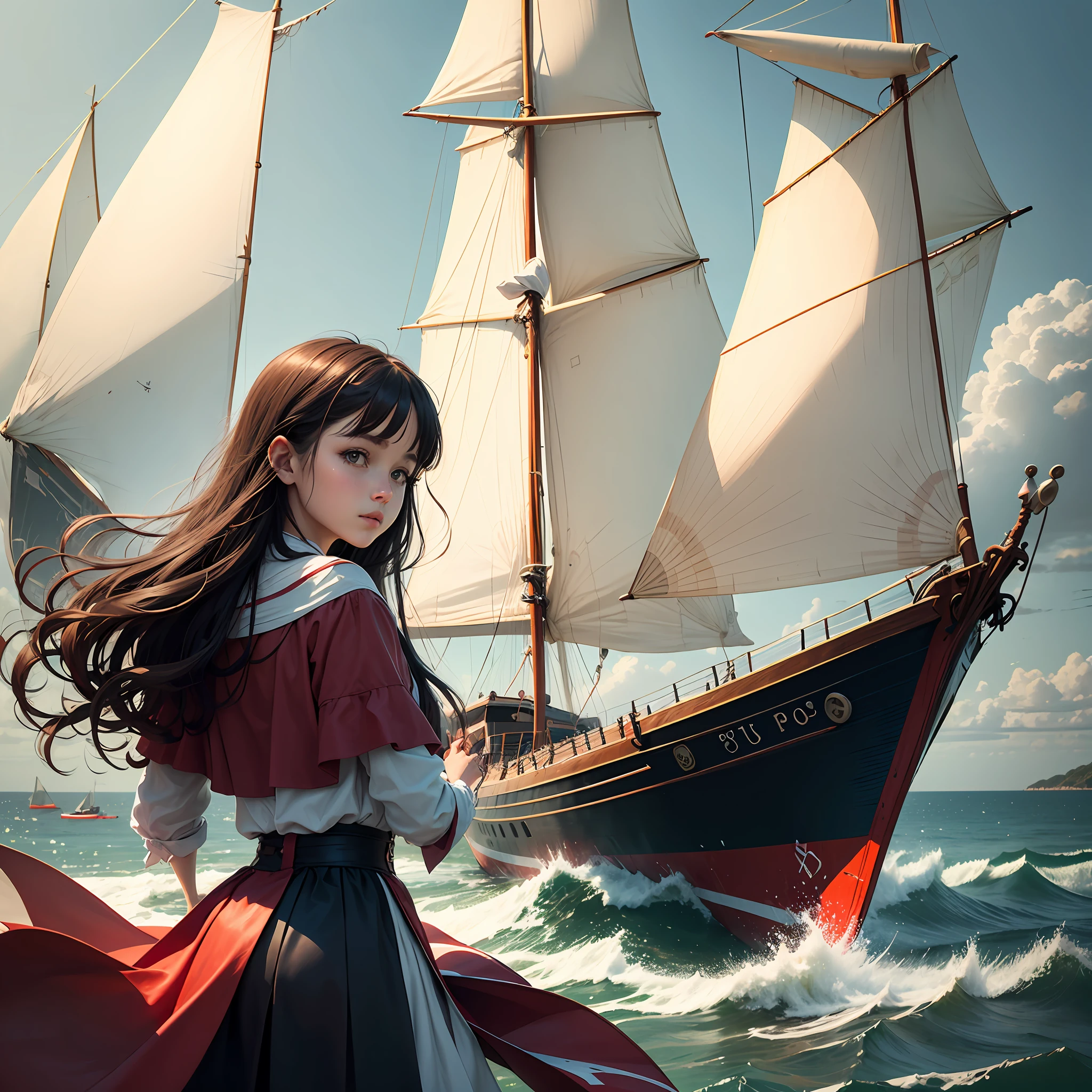 Landscape, a young girl, Assol, Scarlet sails, a girl looks from the shore to the sea, the camera looks at the sea, a sailboat with scarlet sails, a scene from Alexander Green's novel "Scarlet Sails" --auto