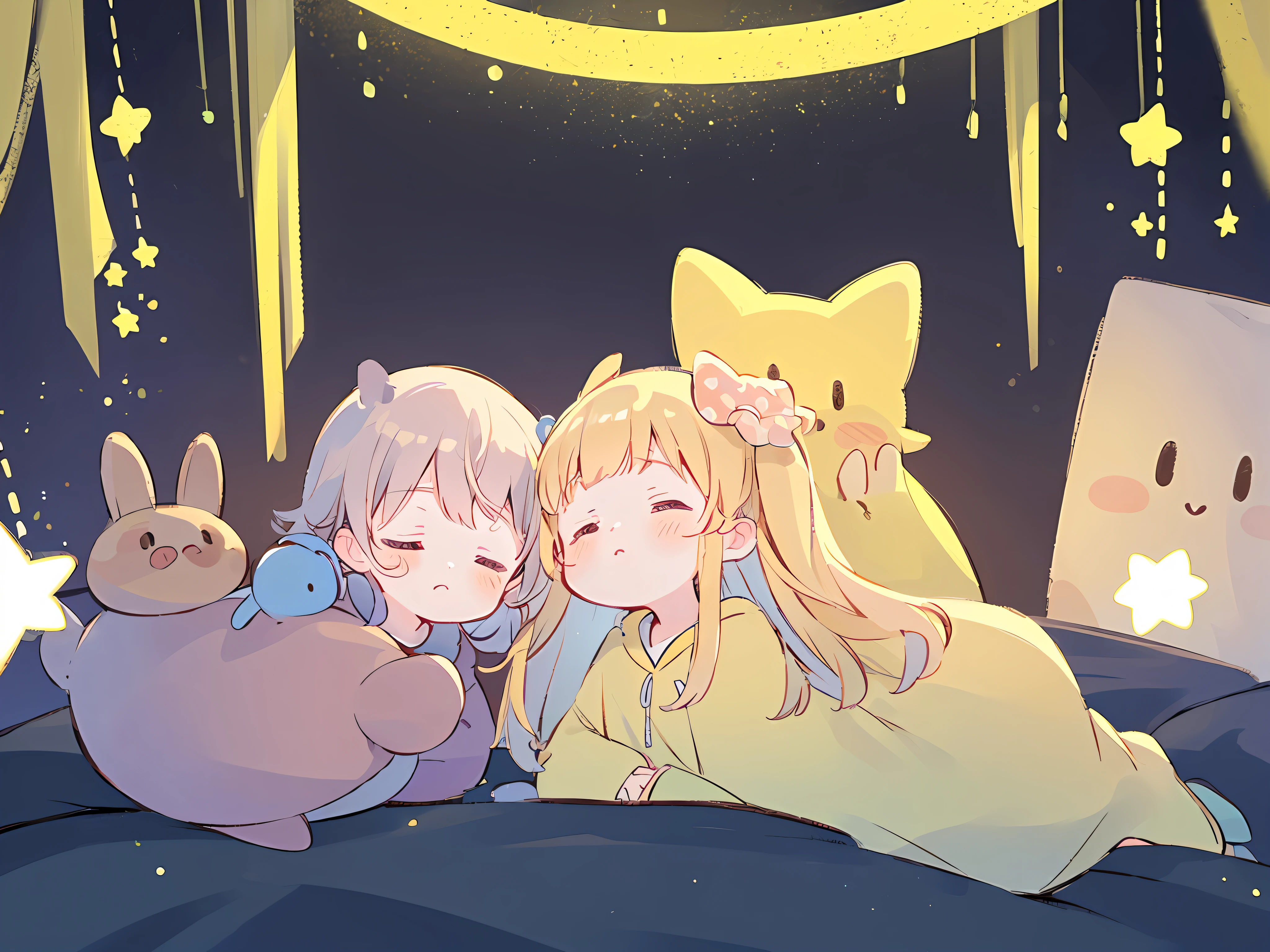 Top Quality, Masterpiece, Ultra High Resolution, Pretty Facial Features, Flat Design, Yellow Themes, Shoshi no Ko, Hoshino Ai, (Sleepy Eyes: 1.1), (Cute Yellow Night Dress), Cute, One Hand on Face, Bedtime, Disheveled Long Hair,
(simple dark background), giant stars shining in the dark, cure, ziyu,