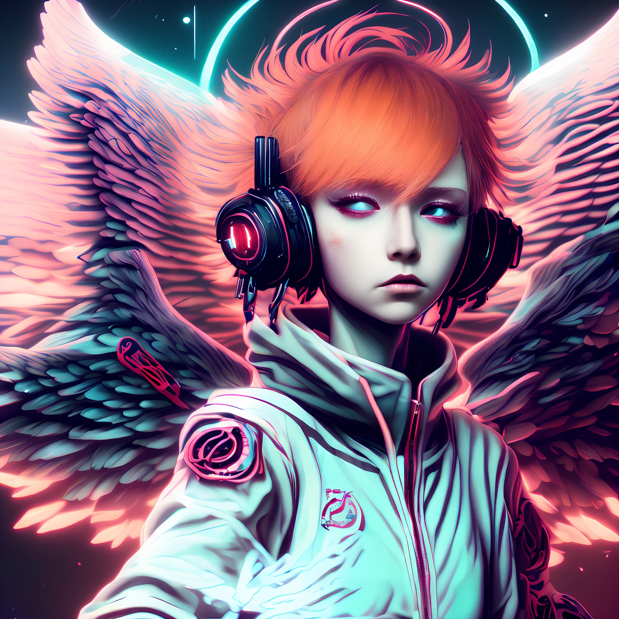 close-up photo of (SeventhHeaven:1) Charming Red Haired, cyberpunk style, cybercore, conversation looking off screen, HyperDrive style