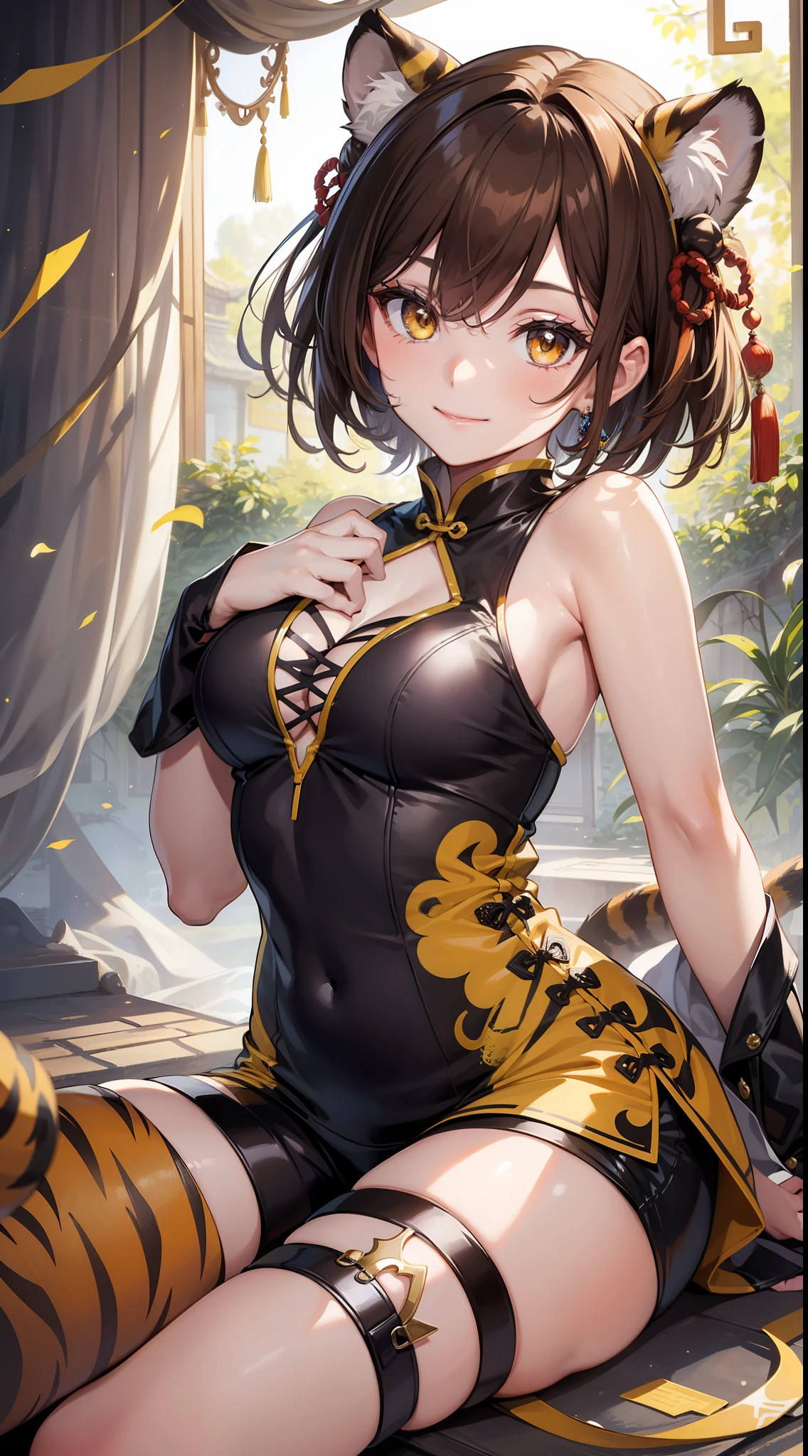 Young girl, brown hair in two buns, yellow eyes, Chinese sleeveless dress, shorts, tiger tail, smile, open chest, masterpiece, high quality