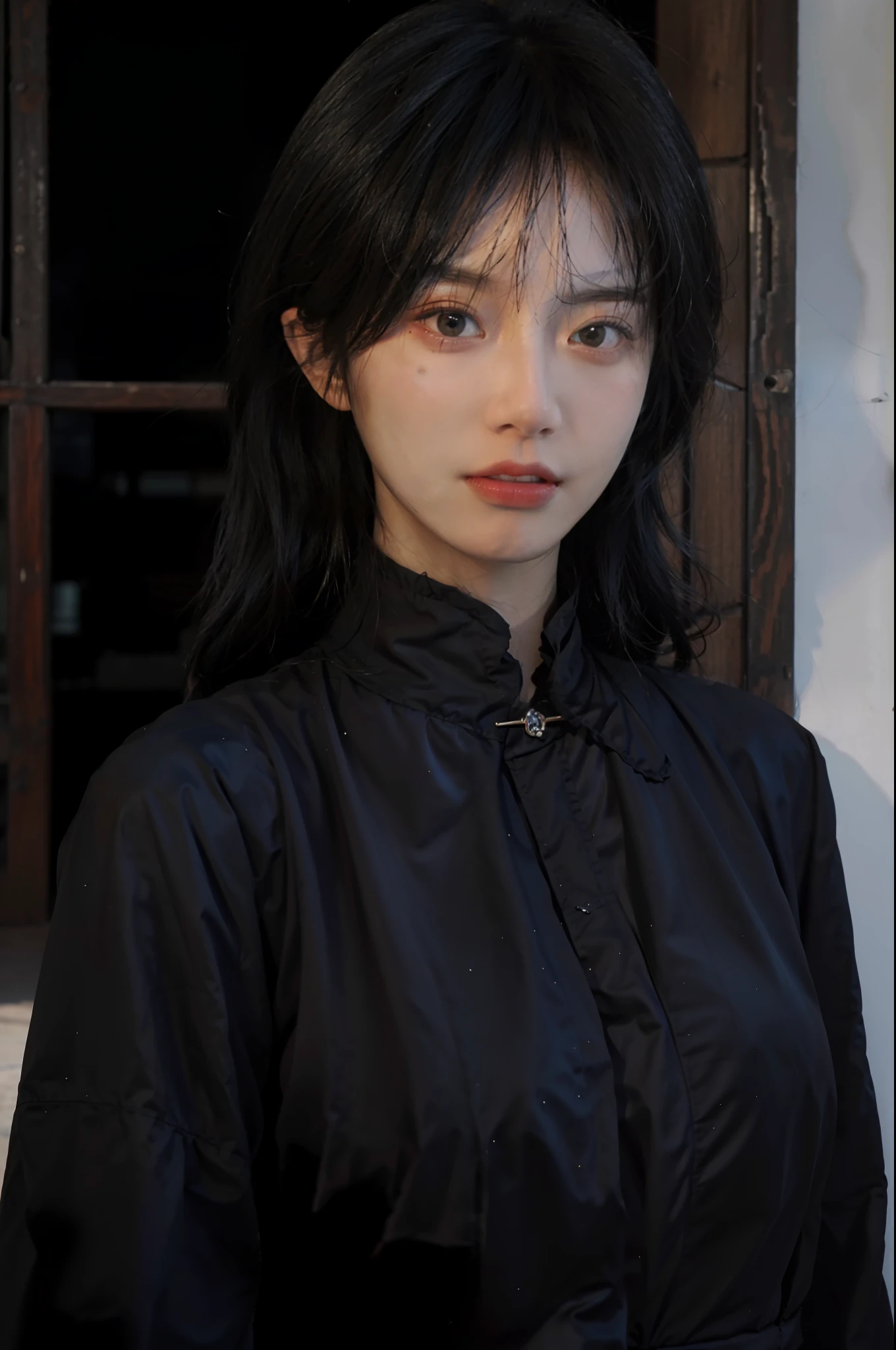 Best Quality, Masterpiece, Ultra High Resolution, (Realistic: 1.4), Best Quality, Masterpiece, Ultra High Resolution, Perfect Body Beauty: 1.4, (Black Long Dress), Super Fine Face, Fine Eyes, Double Eyelids, Black Silk, Original Photo