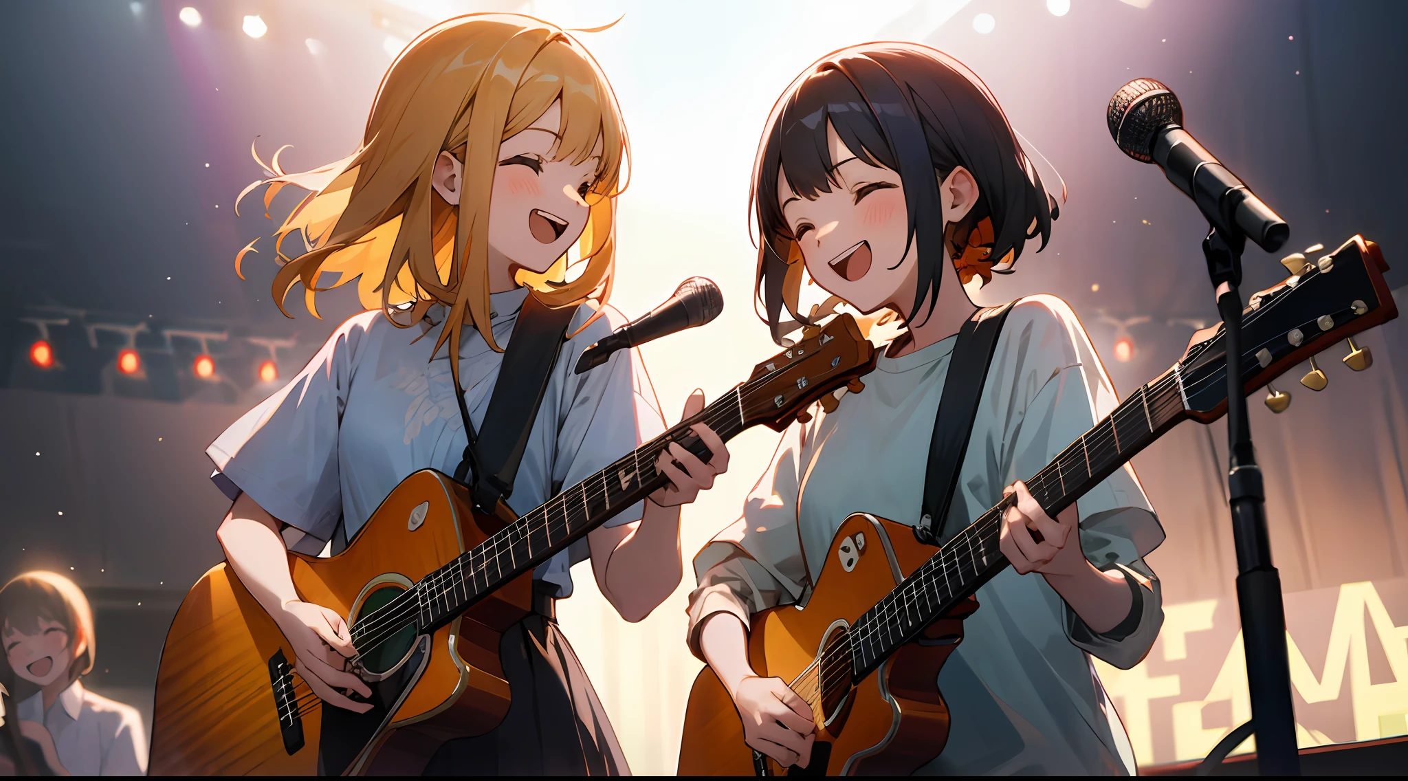 Upper body, middle scene, two girls, singing on stage, playing guitar, laughing happily
