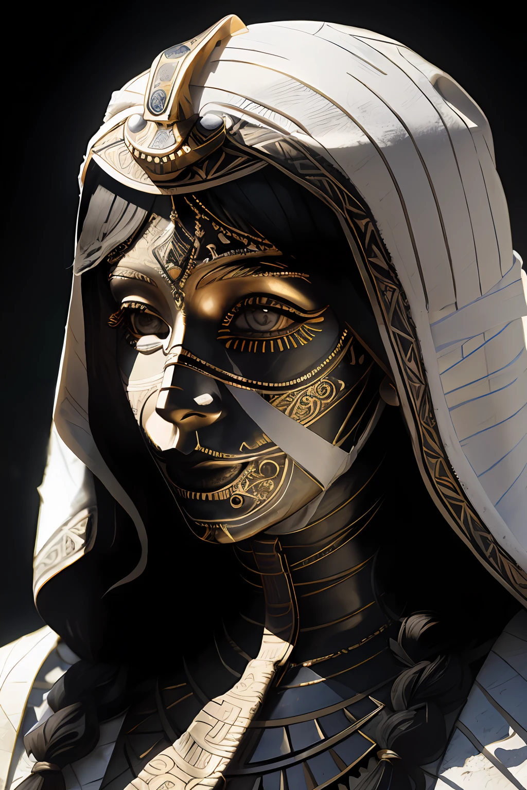 dark creepy background, ((mummy)), ((( fully coved in all white bandages))) ruby, long wavy hair, scenic, cute, adorable, pretty, 8k resolution concept art portrait, dynamic lighting hyperdetailed intricately detailed Splash art trending on Artstation, triadic colors, Unreal Engine 5, volumetric lighting, gothic, high resolution, Close up portrait, ambient light, Nikon 15mm f/1.8G, Egyptian mummy, glamour, intricate and detailed environment, laces, stains, watercolor dark background, Masterpiece, ornate, depth, (((mummification )))