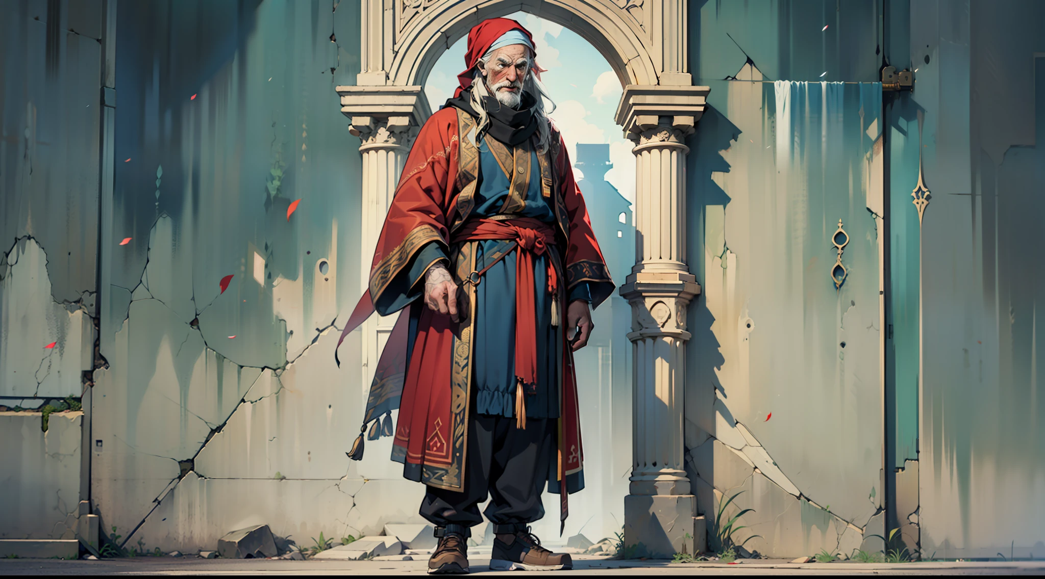 Elderly male vagabond, long hair, headscarf, Tattered robe, holey pants, cloth shoes,19th century clothing style,(Standing posture:1.5),(full body:1.6)