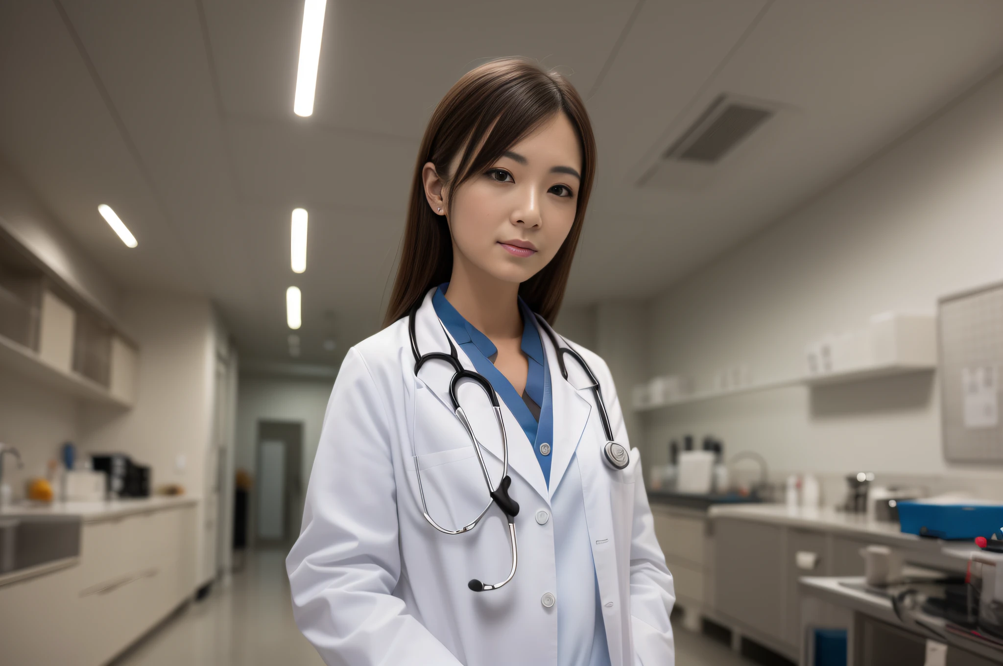 hospital, woman, doctor, smile, innocence, 100mm lens, (photorealistic, lens flare: 1.4), looking right, doctor, (complex details: 1.2), (masterpiece, : 1.3), (best quality: 1.4), (ultra high definition: 1.2), ultra high resolution, (detailed eyes), (detailed facial features), HDR, 8k resolution, (stethoscope), distant view, floor reflection, Japan person, lab coat, full body