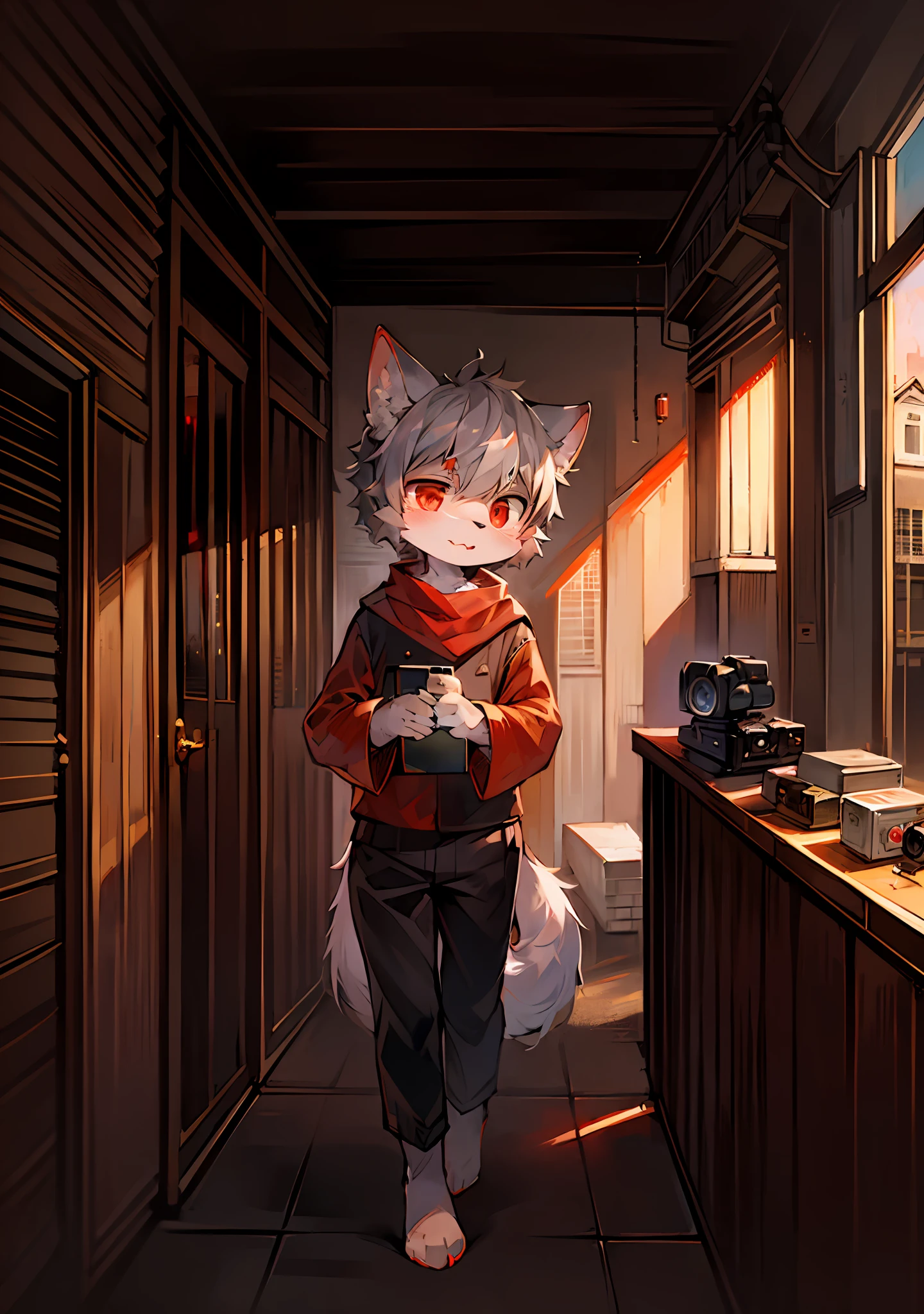 (Bright Environment: 0.8), Masterpiece, High Quality, Abstract Res, Digital Painting\(Artwork\), by Dagasi, Yupa, Kiyosan, (Anthro, Fluffy Fur, Character Focus: 1.1), Anthro Male Cat, Short Hair, Portrait , bright eyes, panorama, character focus. (Background: 0.7), Solo, Furry, Furry Male, Male Focus, Anthr, (Full Body Fur, Fluffy Tail, White Fur, Red Eyes, Gray Hair: 1.2), (Long Canids, Detectives, Shawls: 1.2), (Interior, Daytime, Street, Camera: 1.1)