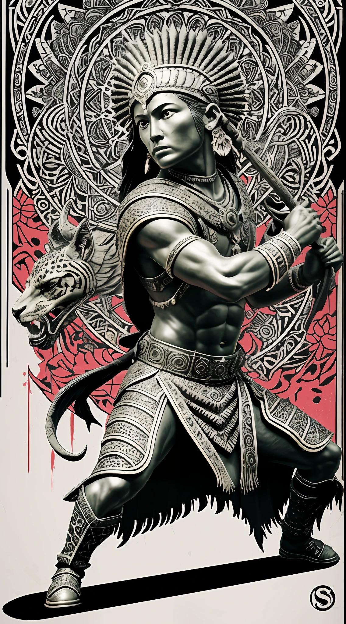 Inca leopard native oriental warrior, statue, battle with demon, bones illustration, lining black ink contrast red and pink front back groun flowers and ornaments japanese background degrade white and green screen corone rotate circles batteries, high quality, highres, detail enhancement only head contrast tons purpple liner illustration, High quality, high, detail enhancement --auto --s2