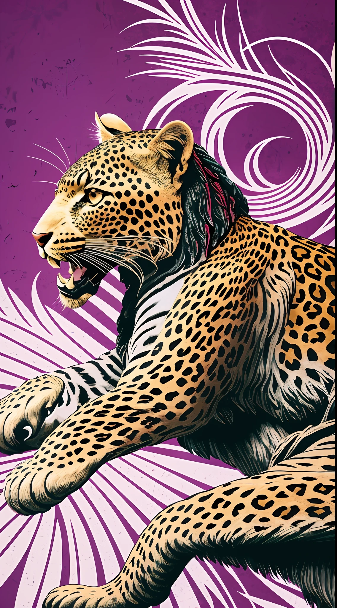 Inca leopard native oriental warrior, statue, battle with demon, bones illustration, lining black ink contrast red and pink front back groun flowers and ornaments japanese background degrade white and green screen corone rotate circles batteries, high quality, highres, detail enhancement only head contrast tons purpple liner illustration, High quality, high, detail enhancement --auto --s2