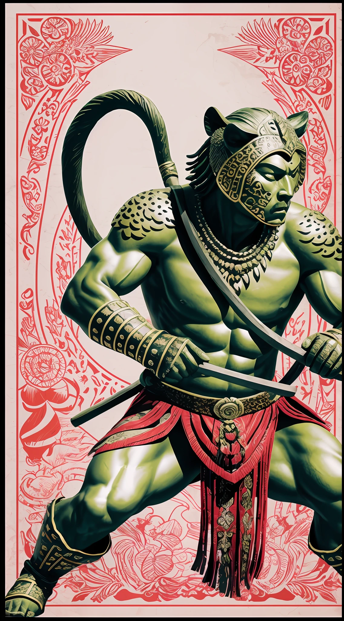Inca leopard native oriental warrior, statue, battle with demon, bones illustration, lining black ink contrast red and pink front back groun flowers and ornaments japanese background degrade white and green screen corone rotate circles batteries, high quality, highres, detail enhancement only head contrast tons purpple liner illustration, High quality, high, detail enhancement --auto --s2