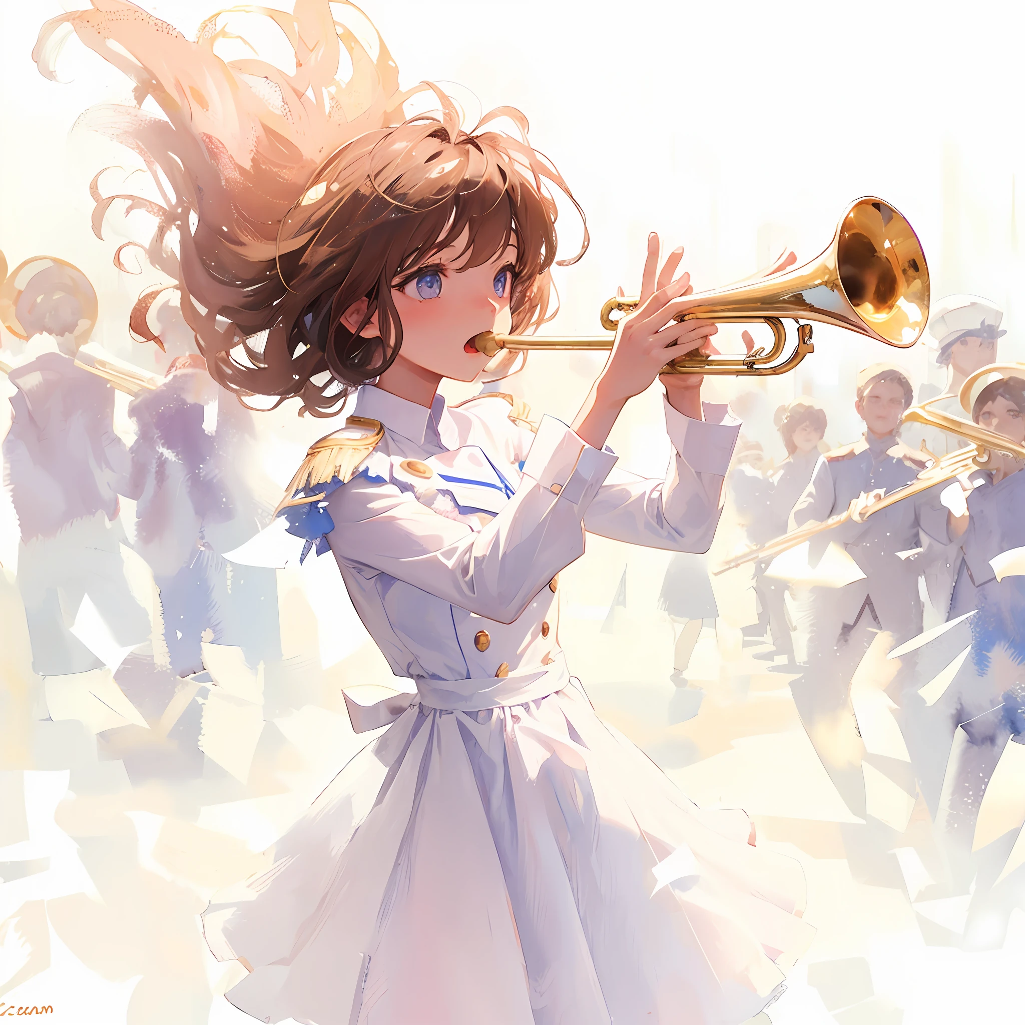 Fine brush, rough, detailed watercolor, soft and fantastic, pastel, fluffy, Caesanne,Girl playing trumpet solo at a marching band competition.I thought she would be nervous, but when the song started, she was very excited and blowing like she was dancing. It was as if I was giving it my all right now. Zoom in on her with the marching band members behind her.