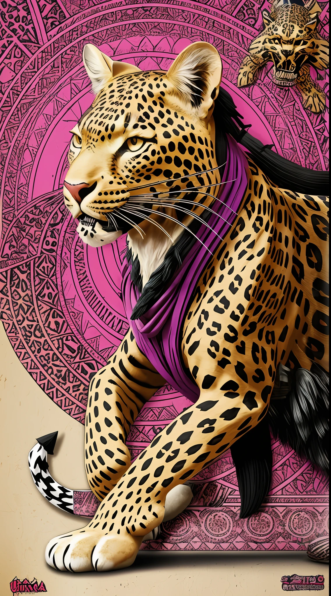 Inca leopard native oriental warrior, statue, battle with demon, bones illustration, lining black ink contrast red and pink front back groun flowers and ornaments japanese background degrade white and green screen corone rotate circles batteries, high quality, highres, detail enhancement only head contrast tons purpple liner illustration, High quality, high, detail enhancement --auto --s2