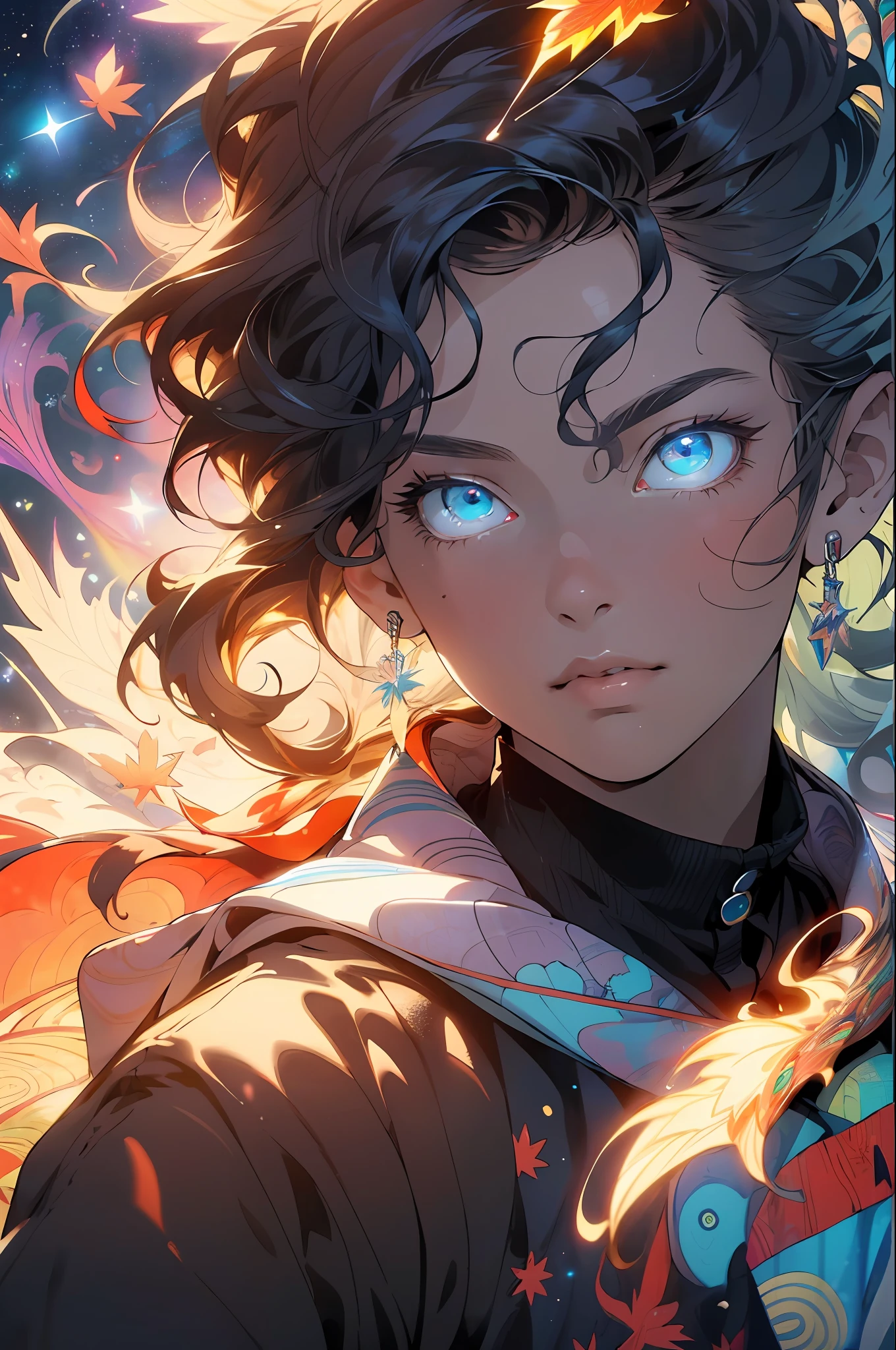 Realistic, (Masterpiece, High Quality, Best Quality, Official Art, Beauty & Aesthetics: 1.2), Very Detailed, Fractal Art, Colorful, Most Detailed, Zentangle, (Abstract Background: 1.5) (1boy: 1.3), God, Multicolored Hair, Wavy Hair, (Glowing Blue Eyes), Mysterious, Starry Sky, Handsome Man, (((Maple Leaf))))