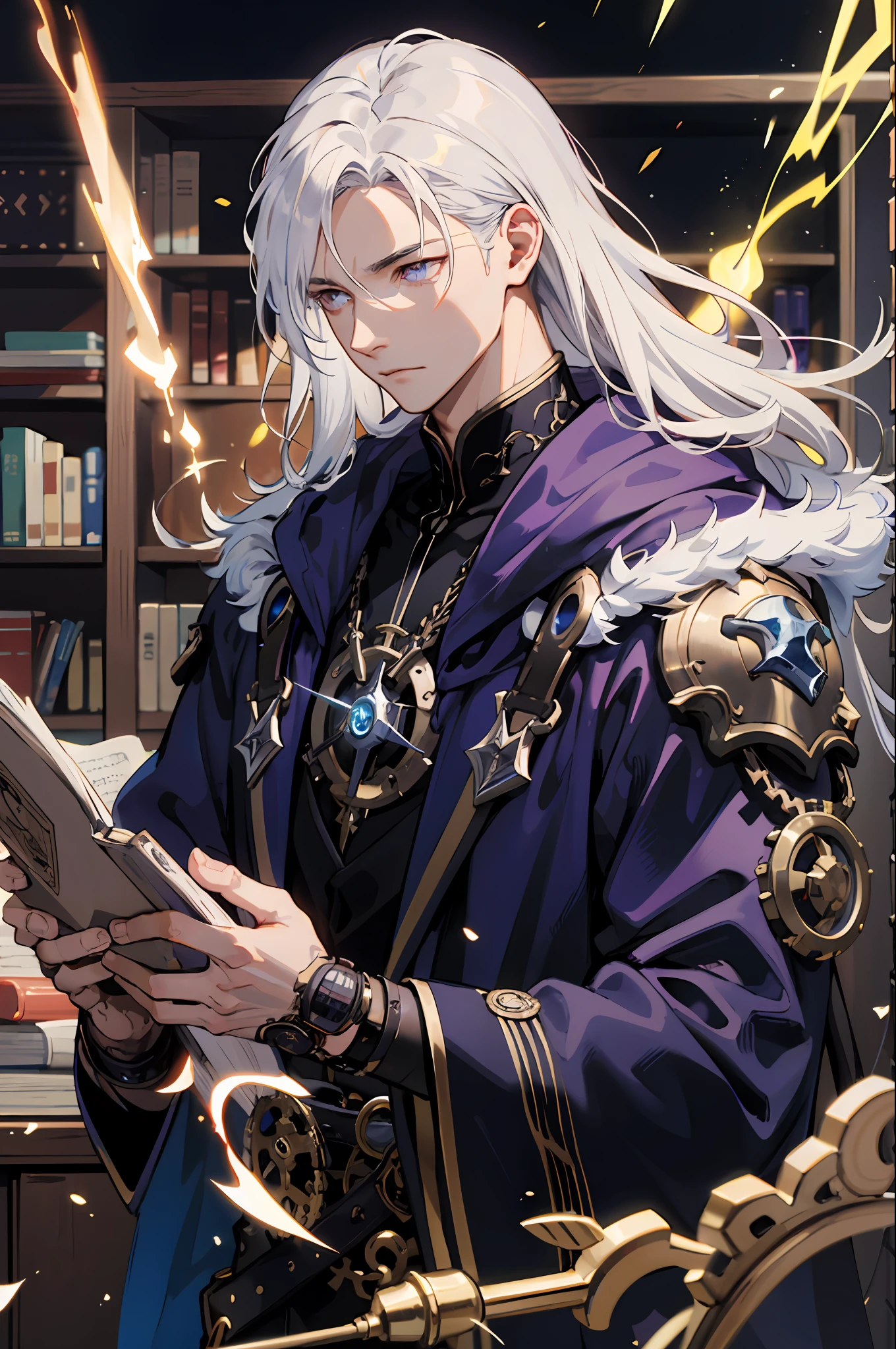 masterpiece, best quality, 1 male, adult, tall muscular, handsome, finely detailed eyes, intricate details, white hair, (style-swirlmagic:1.0),  looking down, solo, upper body, detailed background, detailed face, (steampunk theme:1.1) evil sorcerer,  color magical robes, determined expression, purple color scheme, dark crimson light, summoning circle, bookshelves, glowing magical runes,  dark atmosphere, shadows, realistic lighting, floating particles, sparks, surrounded by blue lightning red arcane symbols, corrupted by eldritch power,  bloom,