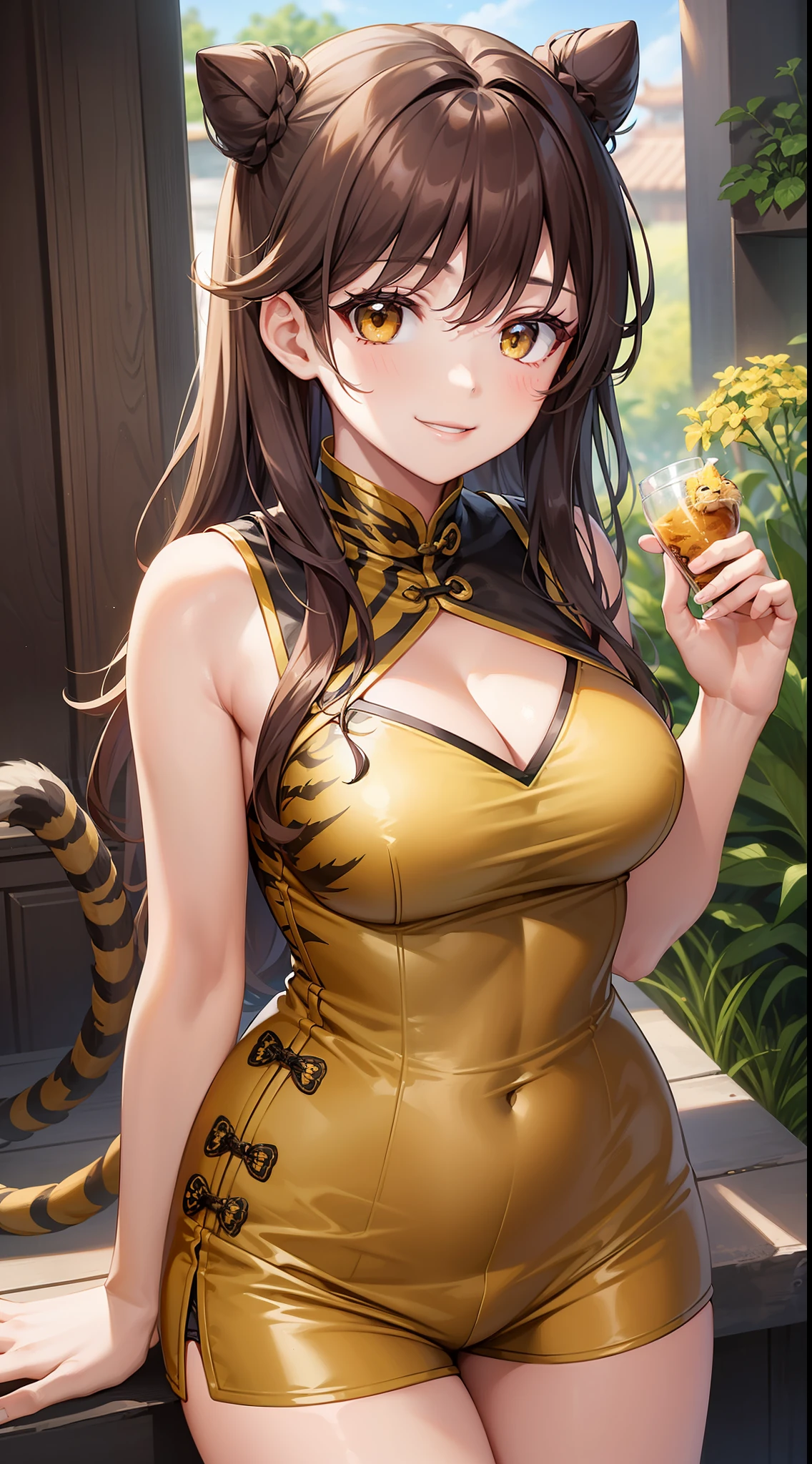 Young girl, brown hair in two buns, yellow eyes, Chinese sleeveless dress, shorts, tiger tail, smile, open chest, masterpiece, high quality