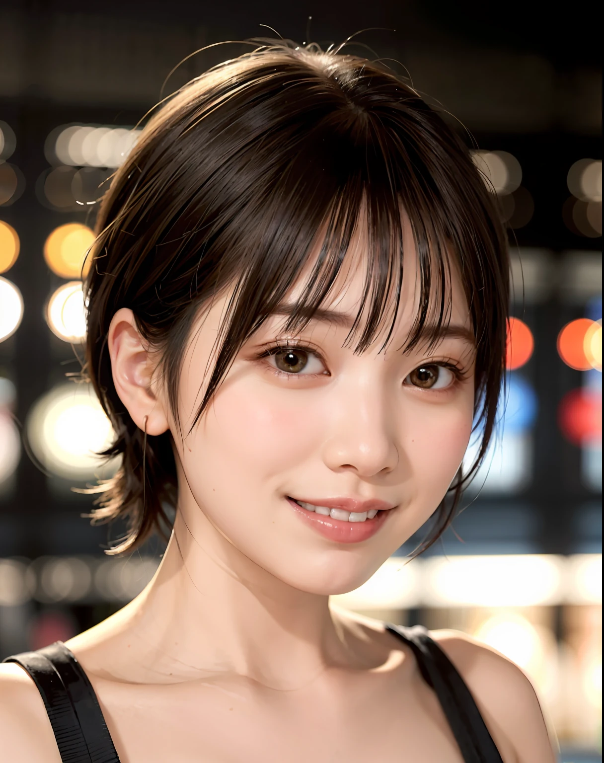 Japan girl in casual clothes in a shopping mall, looking at the viewer, posing with a smile (highest quality, masterpiece))), high resolution, very detailed, masterpiece, cinematic lighting, (8K, highest quality, masterpiece: 1.2), (realistic, photorealistic: 1.37) Hi-Res, Super Detail, 1 Girl, Woman with Glasses, Thin Frame Round Glasses, Light Colored Glasses Frame, asian, cute, cute face, solo, short hair 1.2, texture skin, beautiful smile, beautiful detailed sky, detailed café, night, movie lighting, depth of field, lens flare light, sitting, dating, (blushing nose), (smile: 1.15), small breasts (mouth closed), eyes with beautiful details, night, (short hair: 1.2), floating hair Nova Frog style,