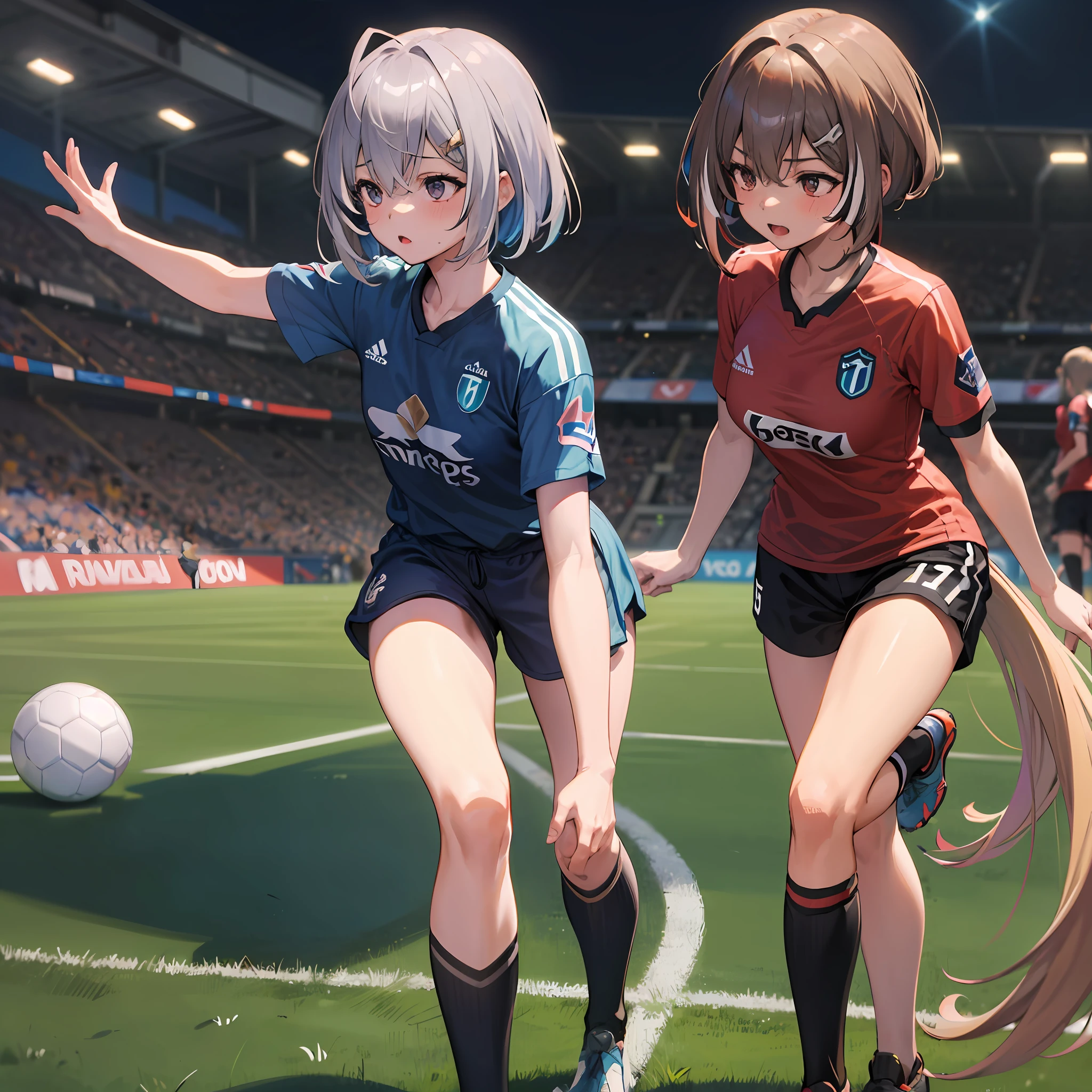 2 girls, 1 girl Amane Kanata dressed in the uniform of the football club (SSC Napoli) vs 1 girl Nanashi Mumei short hair in the uniform of the football club (River Plate), proportional body, high resolution, soccer poster, soccer ball soccer in lower middle, letters (VS) in the middle of the 2 girls, separating girls with different backgrounds, in relation to their soccer club