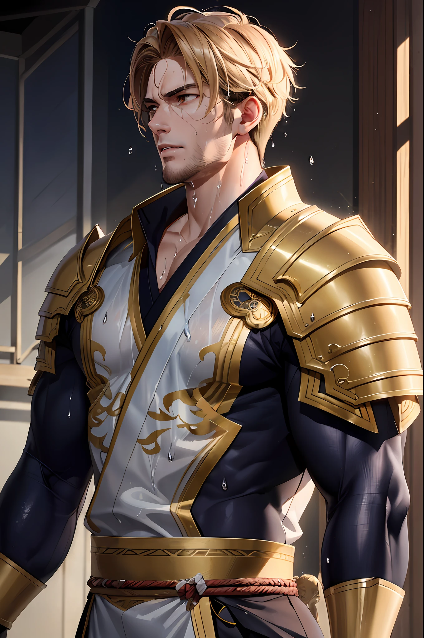 (8k), (highest quality), (masterpiece), two-dimensional, anime style, man (warrior), handsome face, standing, muscles, correct proportions, face details, sweating, sweating on the face, drooling, neck details, with Adam's apple, wet, wet, costume Hanfu and armor, collar, clothing details, long sleeves, game quality, swordsman demeanor, light and shadow tracing, ray tracing, detail glow, CG rendering, hair details, golden eyes, sweaty face, handsome, handsome, sweat beads slipping down the neck, complex clothing, drenched, Wet, perfectly composed, refined, high quality, more details, lots of detail, complex background, atmosphere