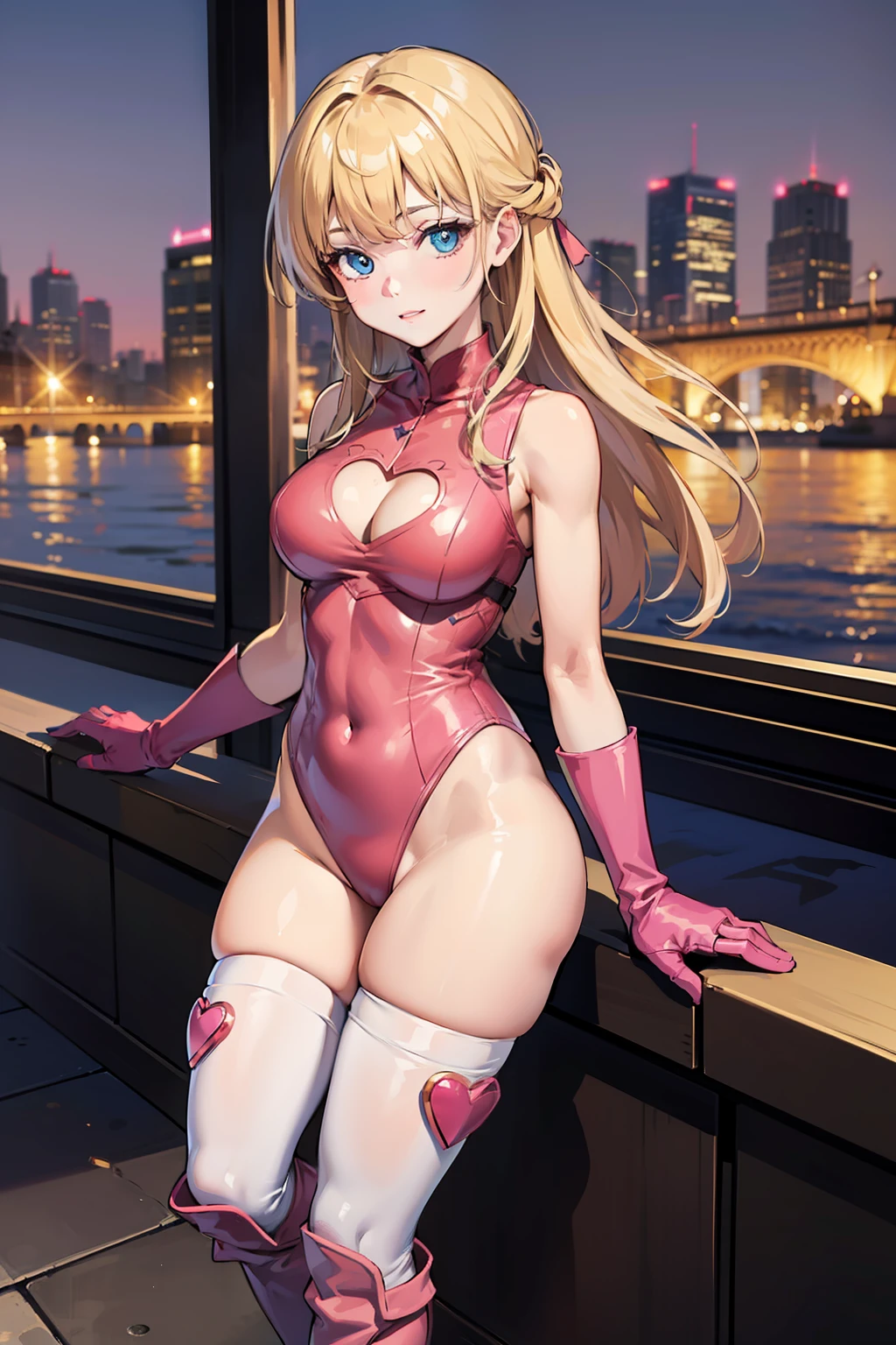 ((masterpiece)), ((best quality)), ((highres)), 1girl, solo, superhero, bare legs, ((matching pink knee boots, matching gloves)), sleeveless, looking at viewer, city backdrop, perfect hands, perfect eyes, perfect legs, perfect arms, perfect fingers, medium breasts, ((medium pink leotard)), standing, blonde hair, long hair, blue eyes, cute face, hair down, bangs, (cleavage cutout, heart cutout), (white thigh high pantyhose)