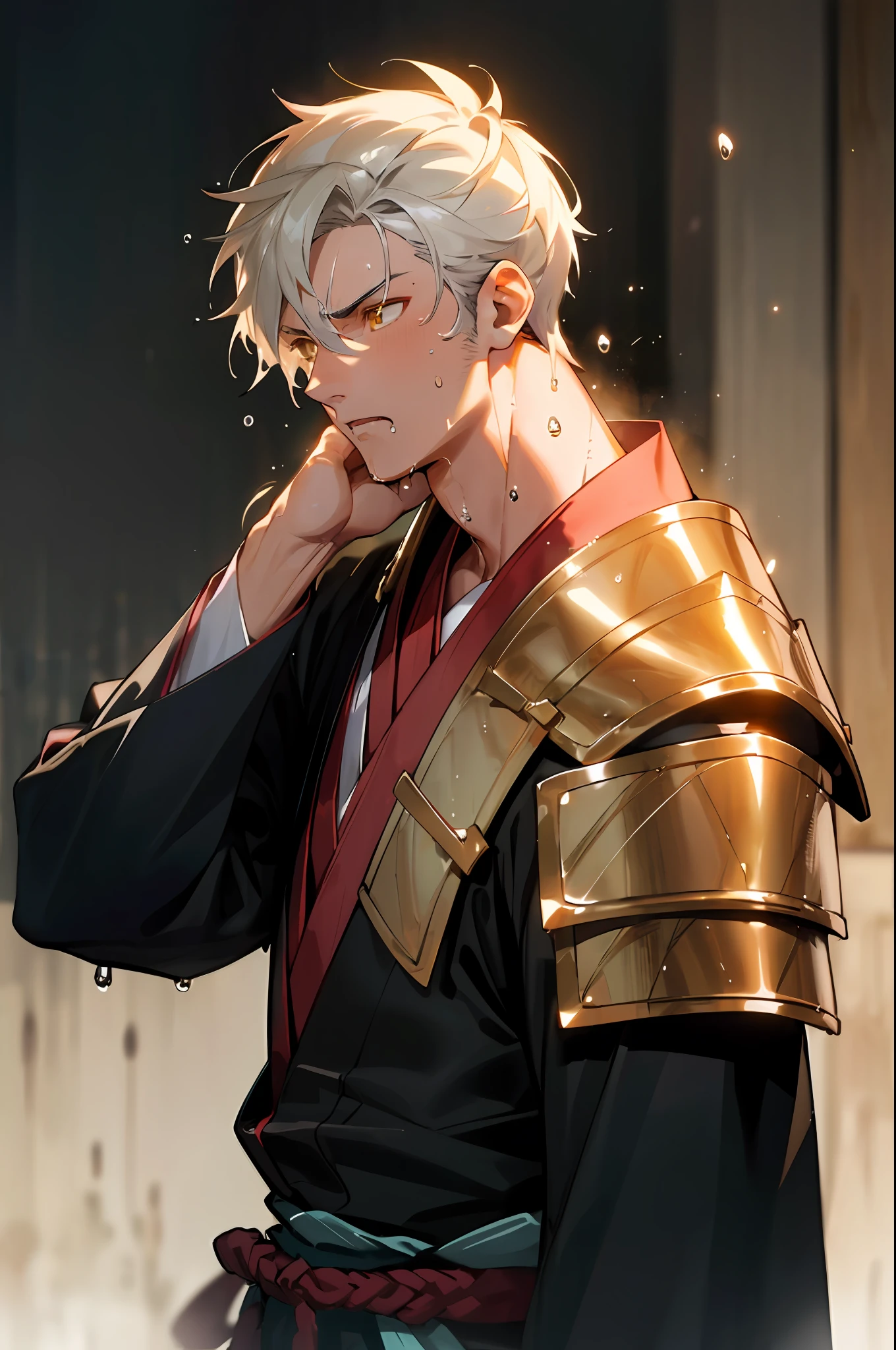 (8k), (highest quality), (masterpiece), two-dimensional, anime style, man (warrior), handsome face, standing, muscles, correct proportions, face details, sweating, sweating on the face, drooling, neck details, with Adam's apple, wet, wet, costume Hanfu and armor, collar, clothing details, long sleeves, game quality, swordsman demeanor, light and shadow tracing, ray tracing, detail glow, CG rendering, hair details, golden eyes, sweaty face, handsome, handsome, sweat beads slipping down the neck, complex clothing, drenched, Wet, perfectly composed, refined, high quality, more details, lots of detail, complex background, atmosphere
