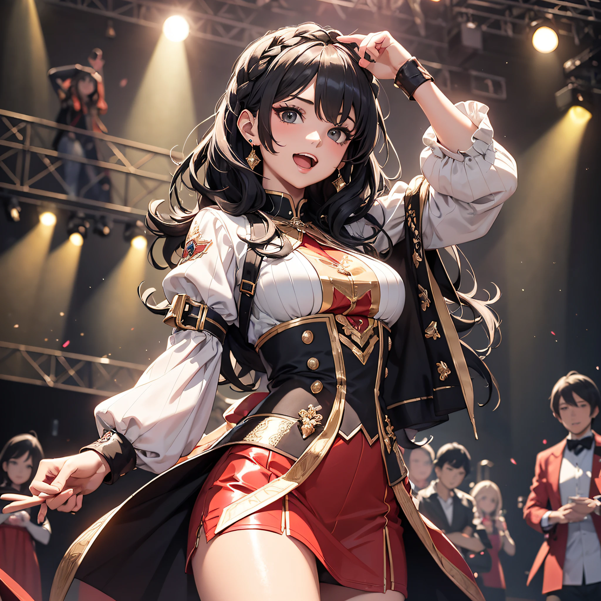 Absurd resolution, high resolution, (masterpiece: 1.4), hyper-detail, technician dressed up black haired young woman, excited expression, performance on stage, audience