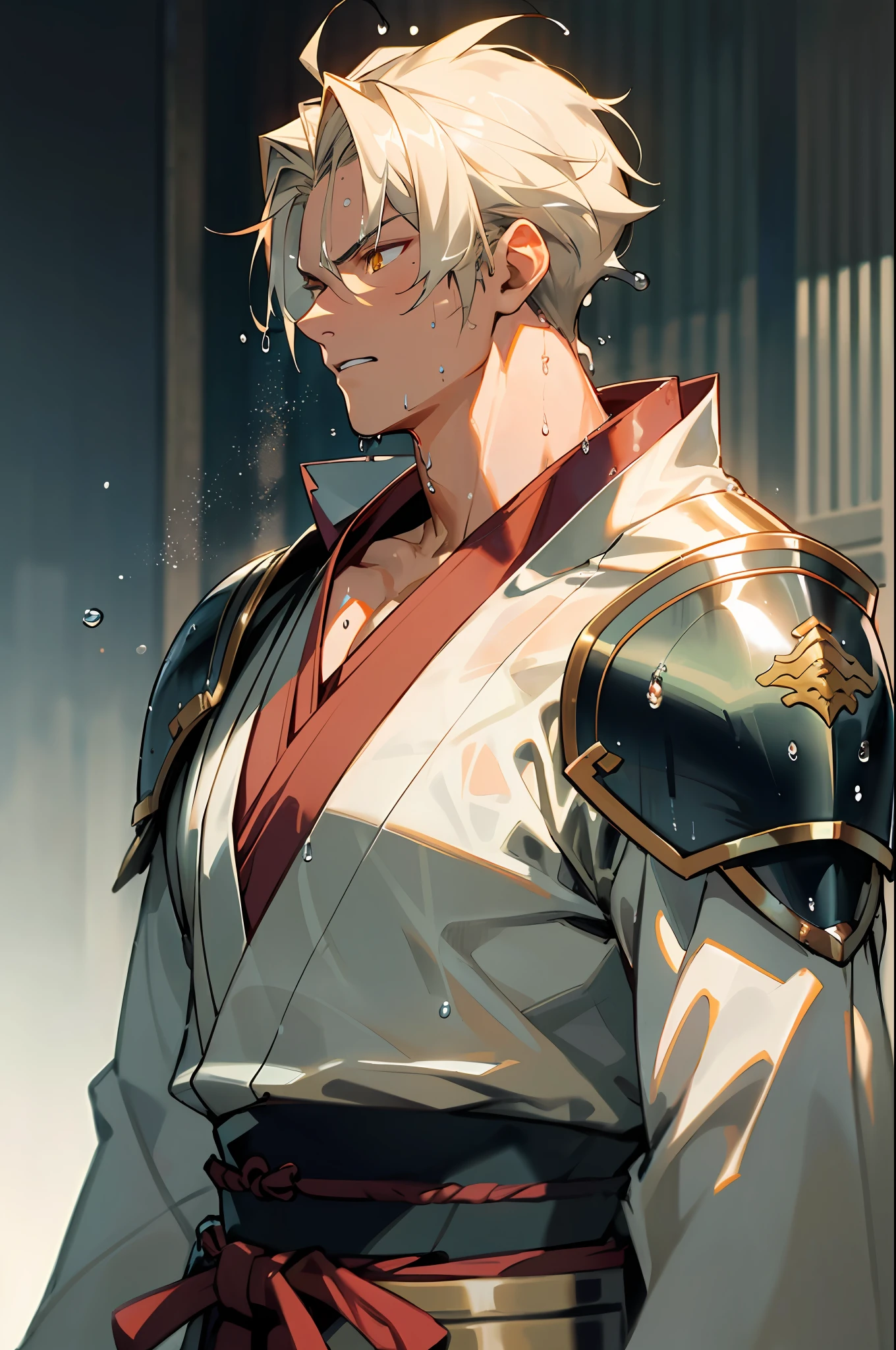 (8k), (highest quality), (masterpiece), two-dimensional, anime style, man (warrior), handsome face, standing, muscles, correct proportions, face details, sweating, sweating on the face, drooling, neck details, with Adam's apple, wet, wet, costume Hanfu and armor, collar, clothing details, long sleeves, game quality, swordsman demeanor, light and shadow tracing, ray tracing, detail glow, CG rendering, hair details, golden eyes, sweaty face, handsome, handsome, sweat beads slipping down the neck, complex clothing, drenched, Wet, perfectly composed, refined, high quality, more details, lots of detail, complex background, atmosphere