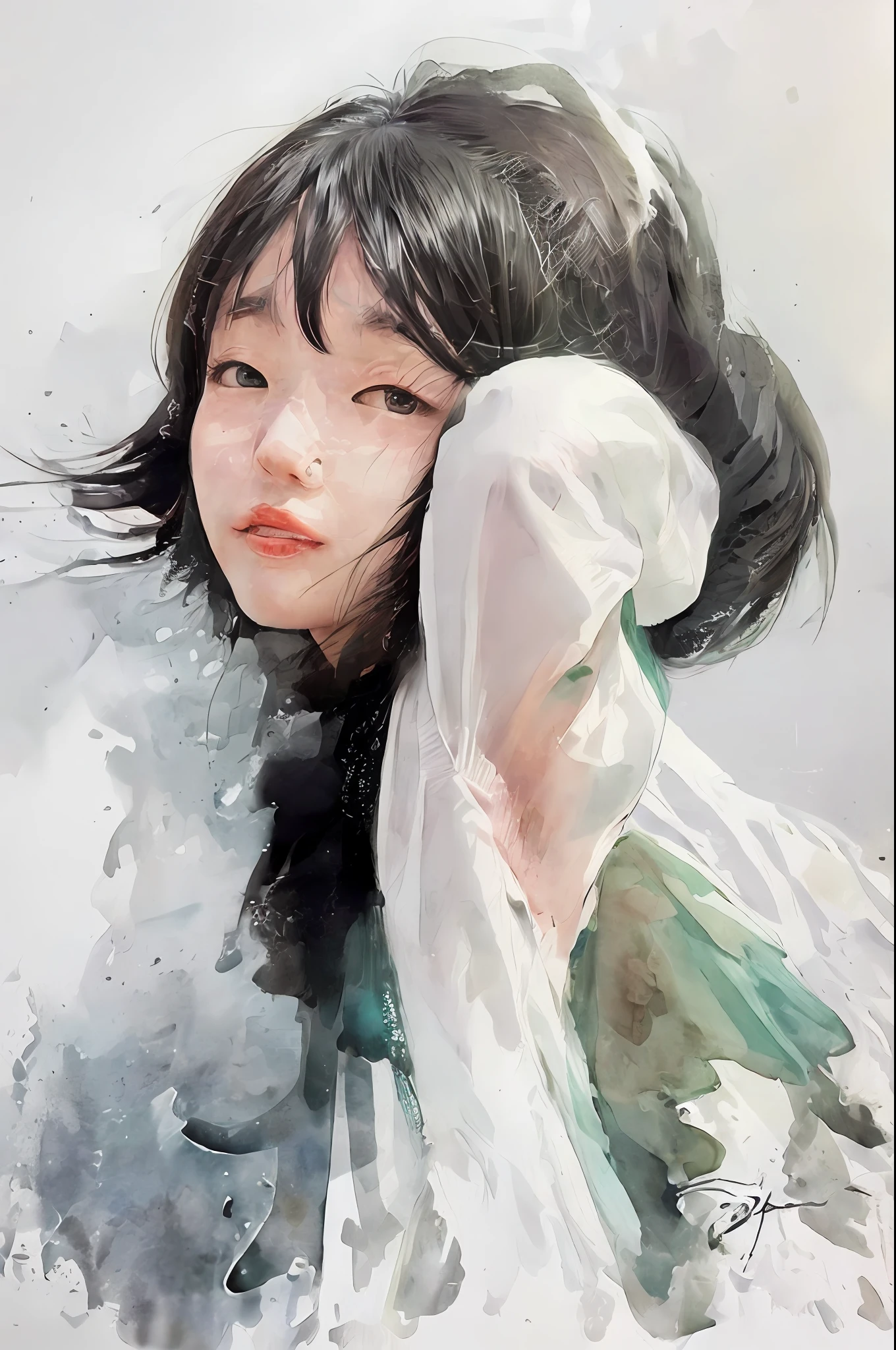 (upper body: 1.5),(white background:1.4), ((tachi-e)), original,(illustration:1.1),(best quality),(masterpiece:1.1),(extremely detailed CG unity 8k wallpaper:1.1), (colorful:0.9),(panorama shot:1.4),(full body:1.05),(solo:1.2), (ink splashing),(color splashing),((watercolor)), clear sharp focus,{ 1girl standing },((chinese style )),(an asian young woman in a swimsuit poses for a photo, 1girl, solo, armpits, looking at viewer, realistic, scrunchie