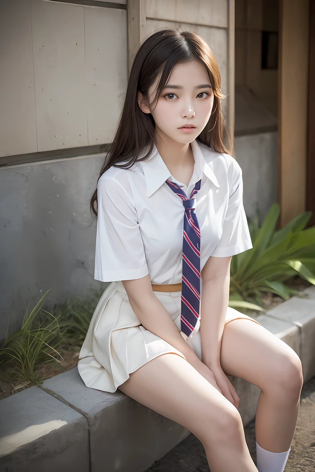 Masterpiece, (Most Realist: 1.5), Maximum Resolution, Maximum Face Resolution, Maximum Environmental Detail, Most Beautiful Woman, , Japan Woman, Japan, Teen Girl, Fair Skin, Big Eyes, Beautiful Eyes, Tie, Bright Face, Private School Thai Uniform, Most Beautiful Nose, Sitting Wonder, Big, Chest Assertive, Chest Stands Out