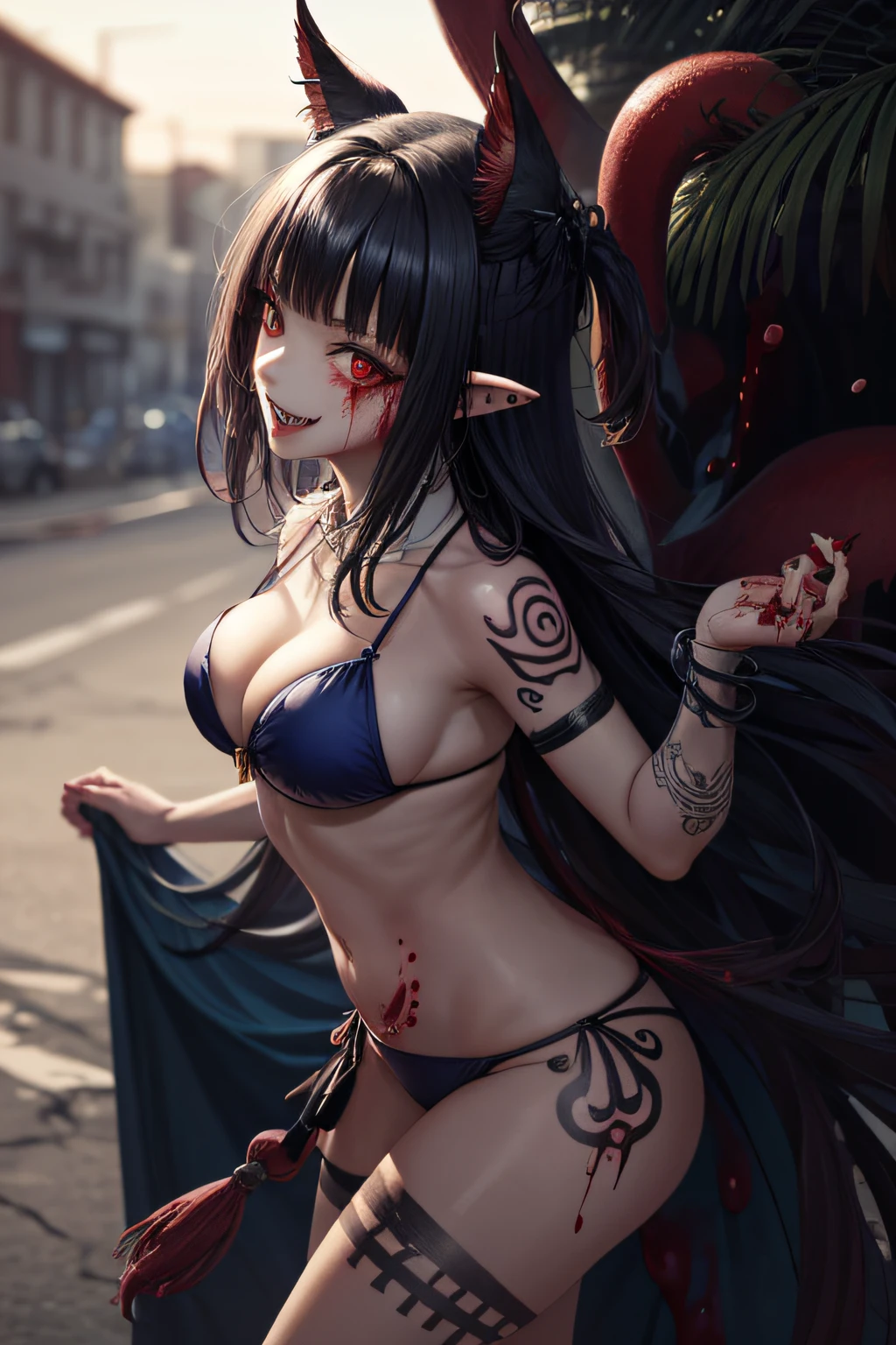2D, Masterpiece, Best Quality, Anime, Very Detailed, Full Body, 1girl (Rose), Solo, , , gura_BIKINI ,, Blue Bikini, Ruffles, Barefoot, , :d, Sharp Teeth, Shark Tail, Dynamic Pose, Beach, Kow, Palm Tree, Towel,(Ashenhard Style:1.4), Masterpiece, Best Quality, High Quality,(Red Eyes with Dark Red Glow), (in Profile), Abstraction, ,Award-winning photography, depth of field, HDR, highly detailed, trending in art station, trending in CGsociety, complex, high detail,(masterpiece: 1.2, highest quality)(best lighting, very delicate and beautiful)(best lighting, very delicate and beautiful)(best lighting, very delicate and beautiful)(beautiful detailed face)(detailed eyes and detailed face:1.2), (young girl, 1girl, solo, crazy smile, pale skin, G-cup, cleavage, 19 piercings, ((tattoos all over body, tribal tattoos all over legs)) gray hair, glowing red eyes, dynamic angle, vampires, pointy_ears, fangs, blood rain on face, blood mist, (depth of field),high contrast,(blood splash:1.4),cowboy shot,full body, mischievous pose,