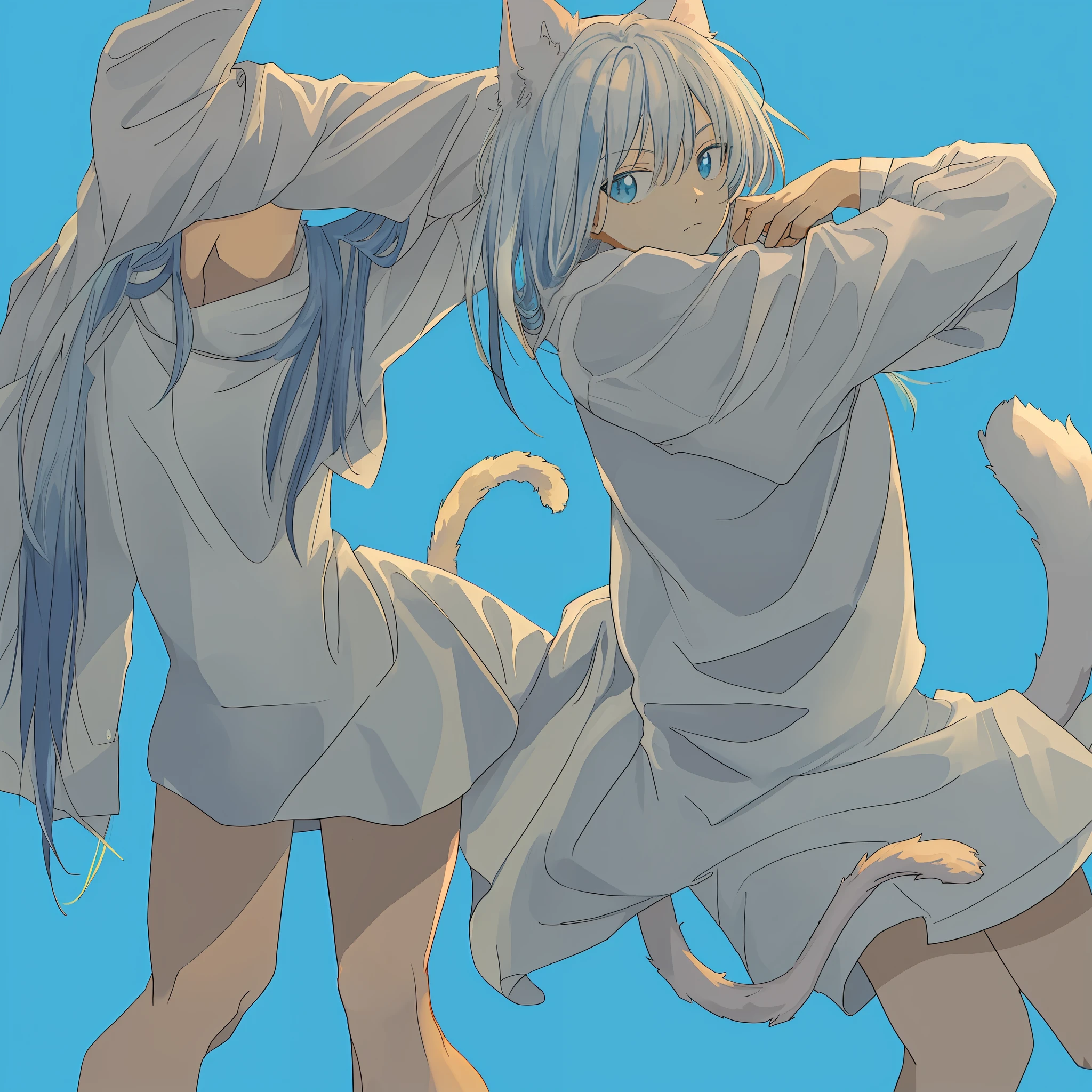High detail, natural light, light blue background, man standing 3/4, anime style, long blue hair, two cat ears, one cat tail, very cute, cat man in wide white clothes, plush bed, cat stretching pose