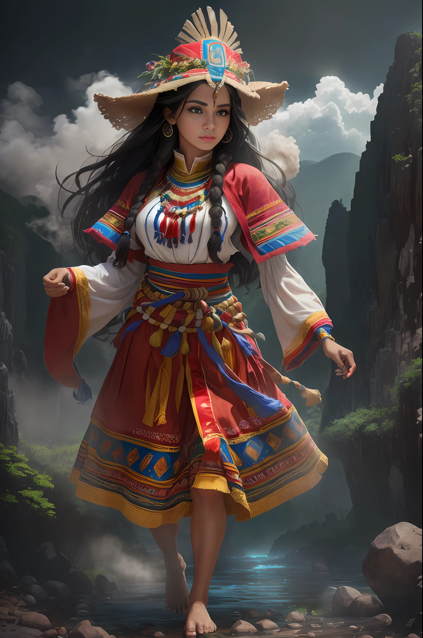 ((realistic: 1.5)),((best quality)), ((masterpiece)),((detailed)), (1girl: 1.3), solo, (((extremely detailed face))),(((extremely detailed eyes and face))), Inca skin, Inca face, beautiful detailed eyes, 8k unified wallpaper, super detailed, beautiful and aesthetic, beautiful, masterpiece, best quality, raw, masterpiece, super fine photo, best quality, super high resolution, photorealistic realism, sunlight, full body portrait, amazing beauty, dynamic pose, delicate face, vibrant eyes, (from the front), (1 Inca woman in Inca costume long skirt with colors red blue white and pink not green, {a beautiful Inca woman dressed in traditional Inca dress typical costume of the woman of Cuzco Peru, super wide angle lens, facial focus, mature, sexy, toned muscles, long legs, curves, barefoot, full Inca costume, thick thighs, wide hips, thin legs, dark eyes, perfect eyes, long black hair, floating hair, long eyelashes, (detailed face, beautiful eye, detailed pupils, detailed features of Inca clothing, light background: 1.3), mysterious ancient Inca ruin, lush forests, deep canyons, bridge, river, cliff, cloud, lakes, rock, waterfalls, flowers, grass, fog, vine, tree, smoke, best shade, bright details, sharp, perfect composition, intricate, sharp focus, dramatic, (specular lighting: 1.3), edge light, inca landscape, fully dressed,