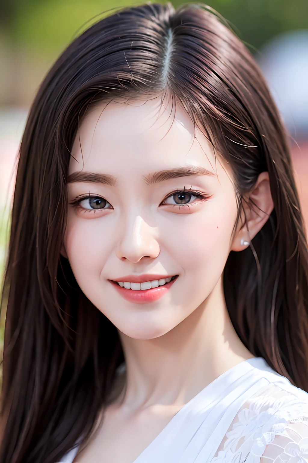 Highly detailed eyes, highly detailed face, best quality, masterpiece, very detailed, super detailed, (realistic, photorealistic: 1.3), smile, (facing the front), small breasts, slender beauty, look viewer, white dress, 1 girl, cowboy shot, sunny day, outdoors,