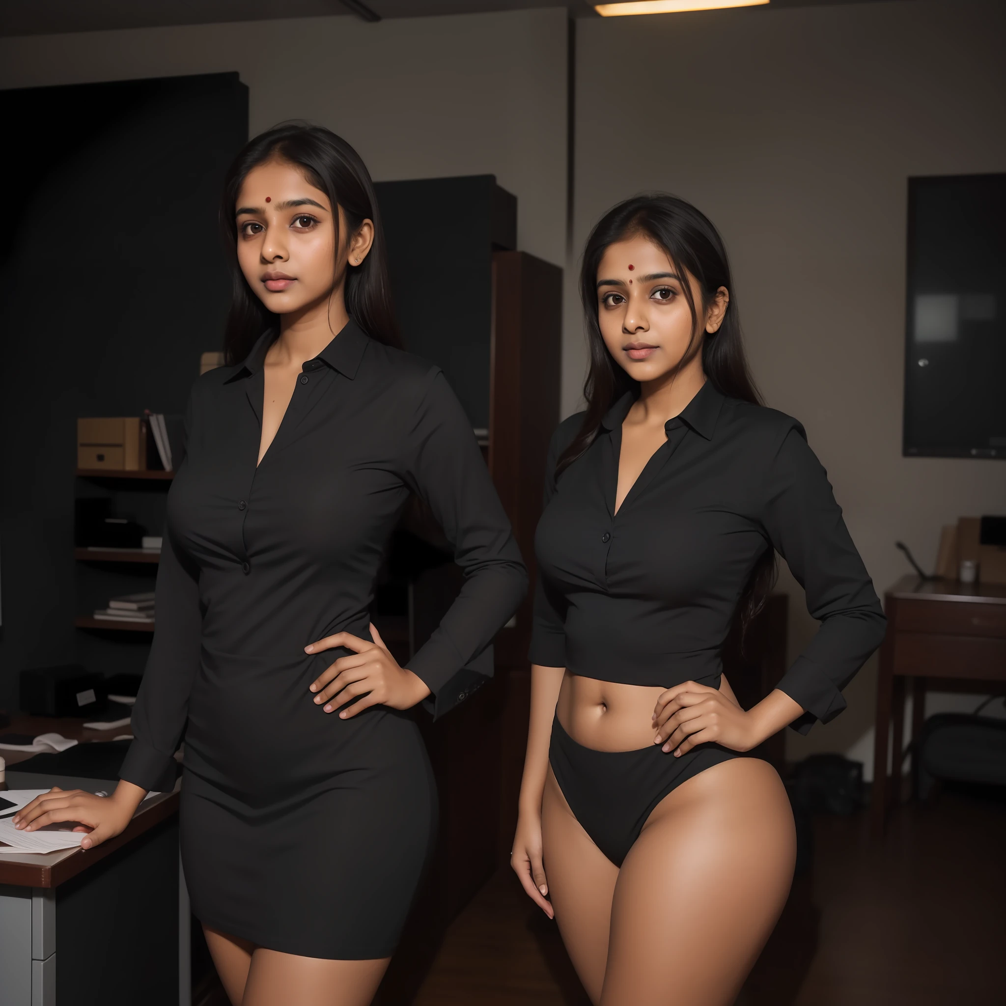 RAW photo, a photo of 26 y.o Indian woman in an office,black office attire, long wet hair, natural curvy body, background is skyscrapers, (high detailed skin:1.2), 8k uhd, dslr, soft lighting, high quality, film grain, Fujifilm XT3, hyperrealistic, life like, anatomically correct, tall,