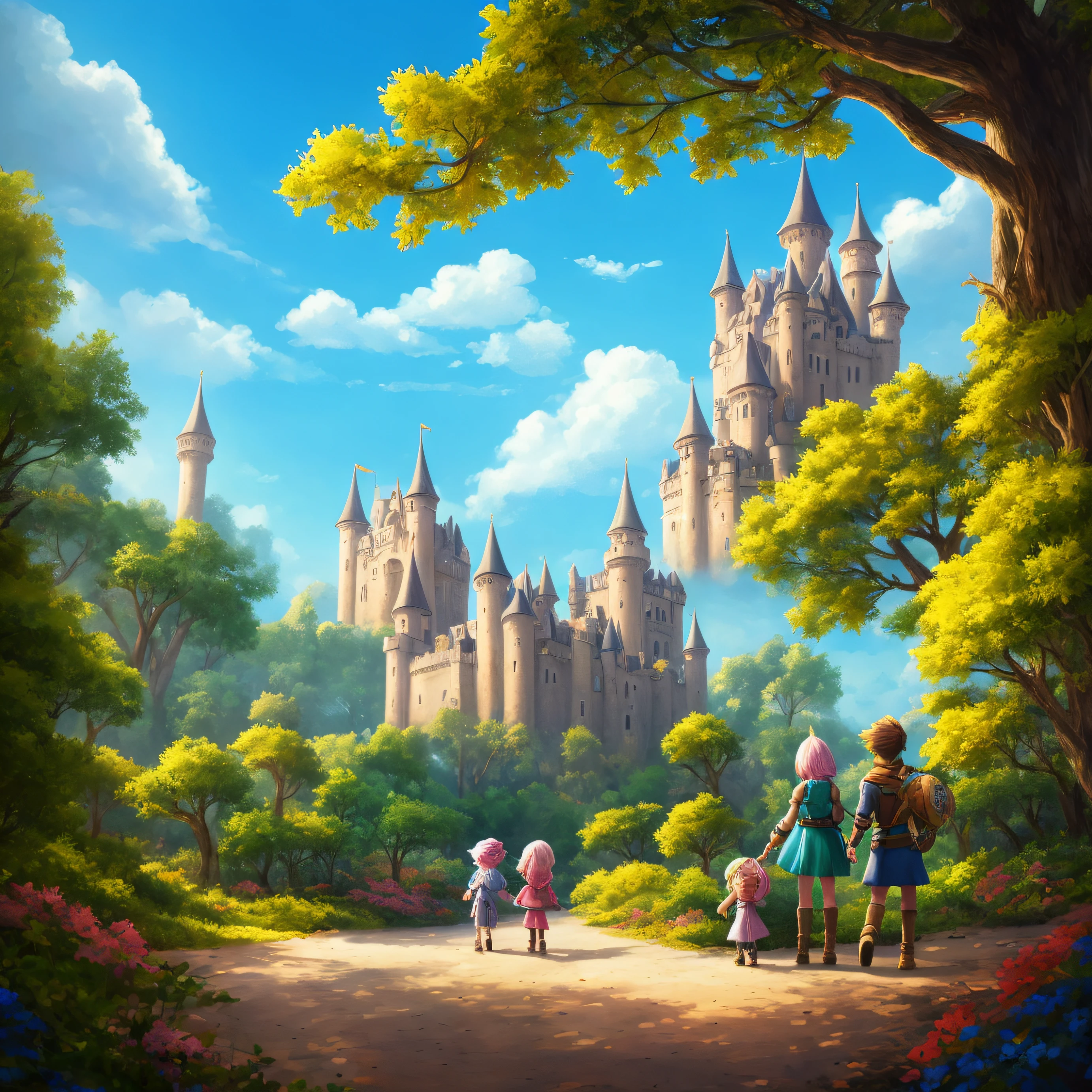 cartoon boy and girl in a forest with a castle in the background, childrens art in artstation, mobile game art, fantasy game art style, game illustration, detailed game art illustration, stylized game art, cute detailed digital art, colorful kids book illustration, game art, kids book illustration, detailed game art, fairy-tale illustration style, 2 d game art